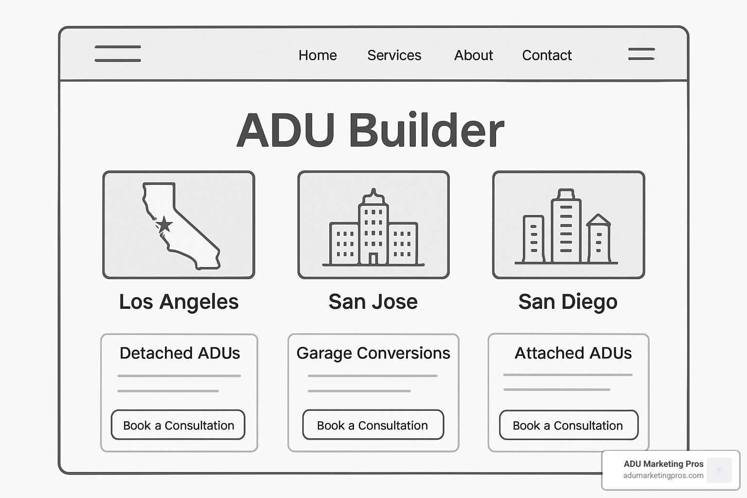 Website wireframe showing ADU service pages organized by location with clear navigation and conversion paths - ADU builder SEO optimization