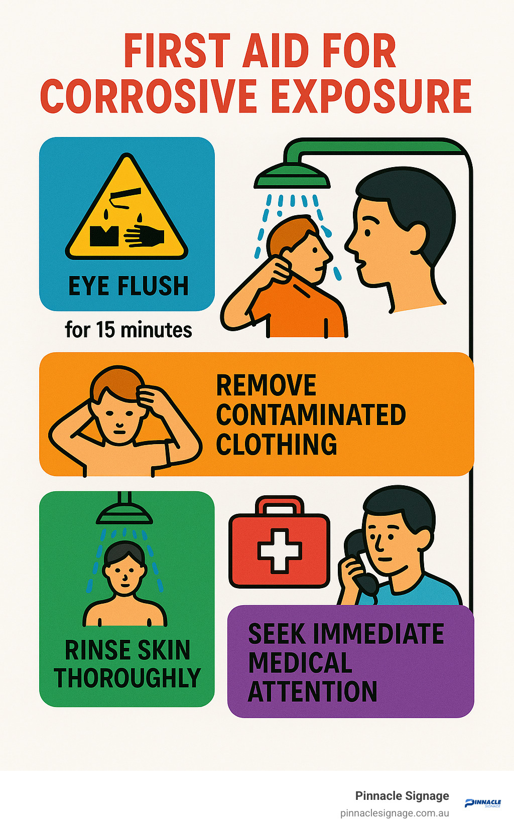 Infographic showing first aid procedures for corrosive exposure: eye flush for 15 minutes, remove contaminated clothing, rinse skin thoroughly, seek immediate medical attention, and emergency contact procedures - corrosive material sign infographic 