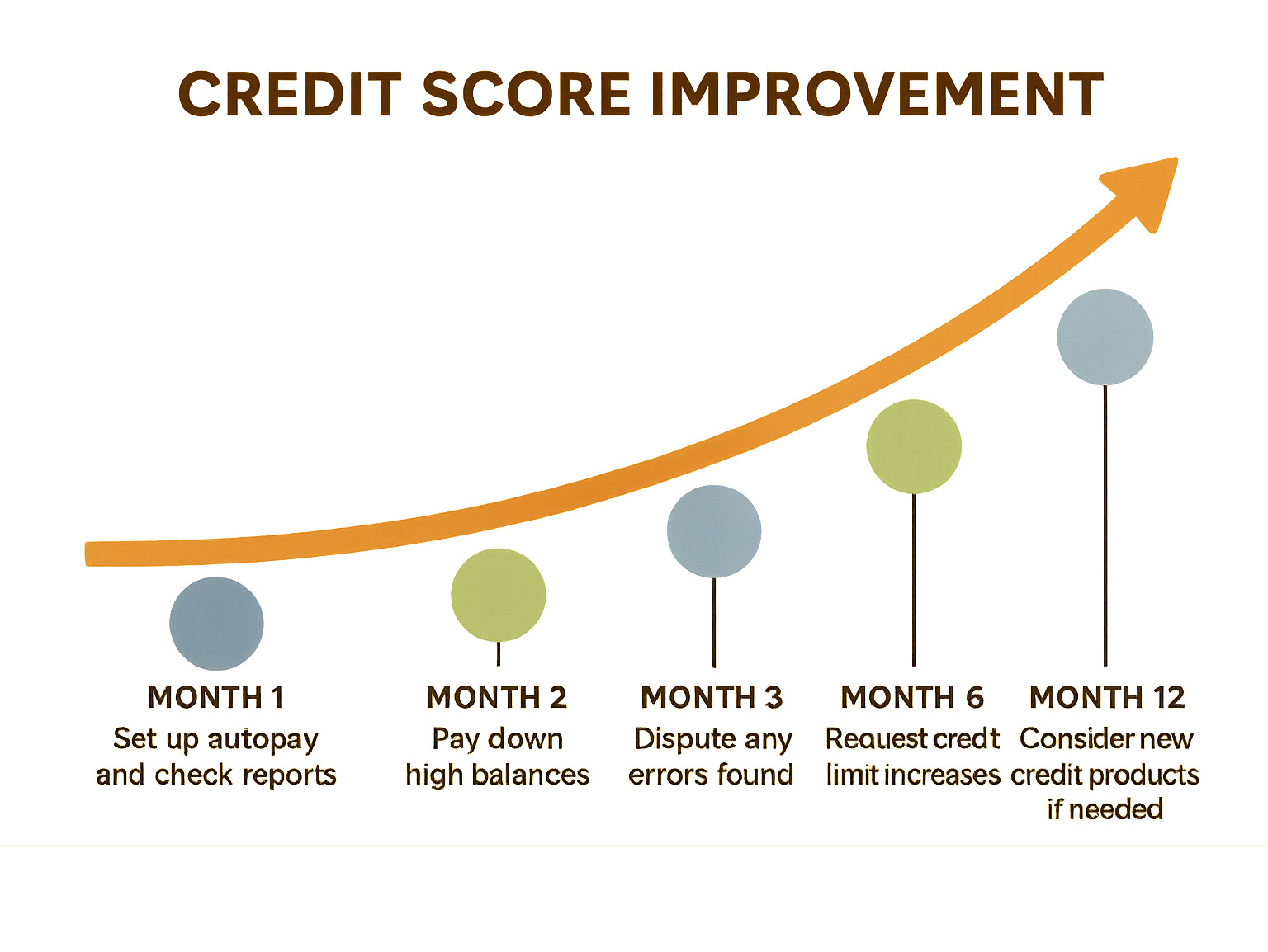 Month-by-month credit score improvement roadmap showing key milestones: Month 1 - Set up autopay and check reports, Month 2 - Pay down high balances, Month 3 - Dispute any errors found, Month 6 - Request credit limit increases, Month 12 - Consider new credit products if needed - credit score improvement infographic