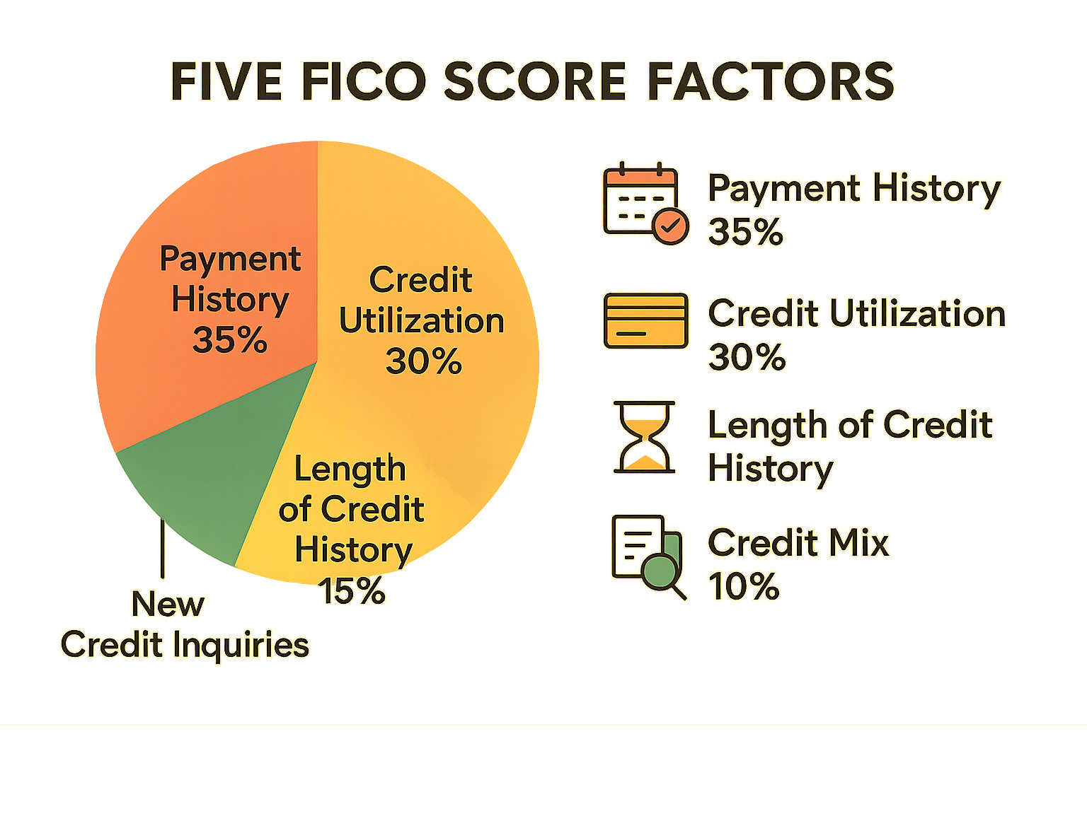 Detailed infographic showing the five FICO score factors with their respective percentages: Payment History at 35%, Credit Utilization at 30%, Length of Credit History at 15%, Credit Mix at 10%, and New Credit Inquiries at 10% - credit score improvement infographic