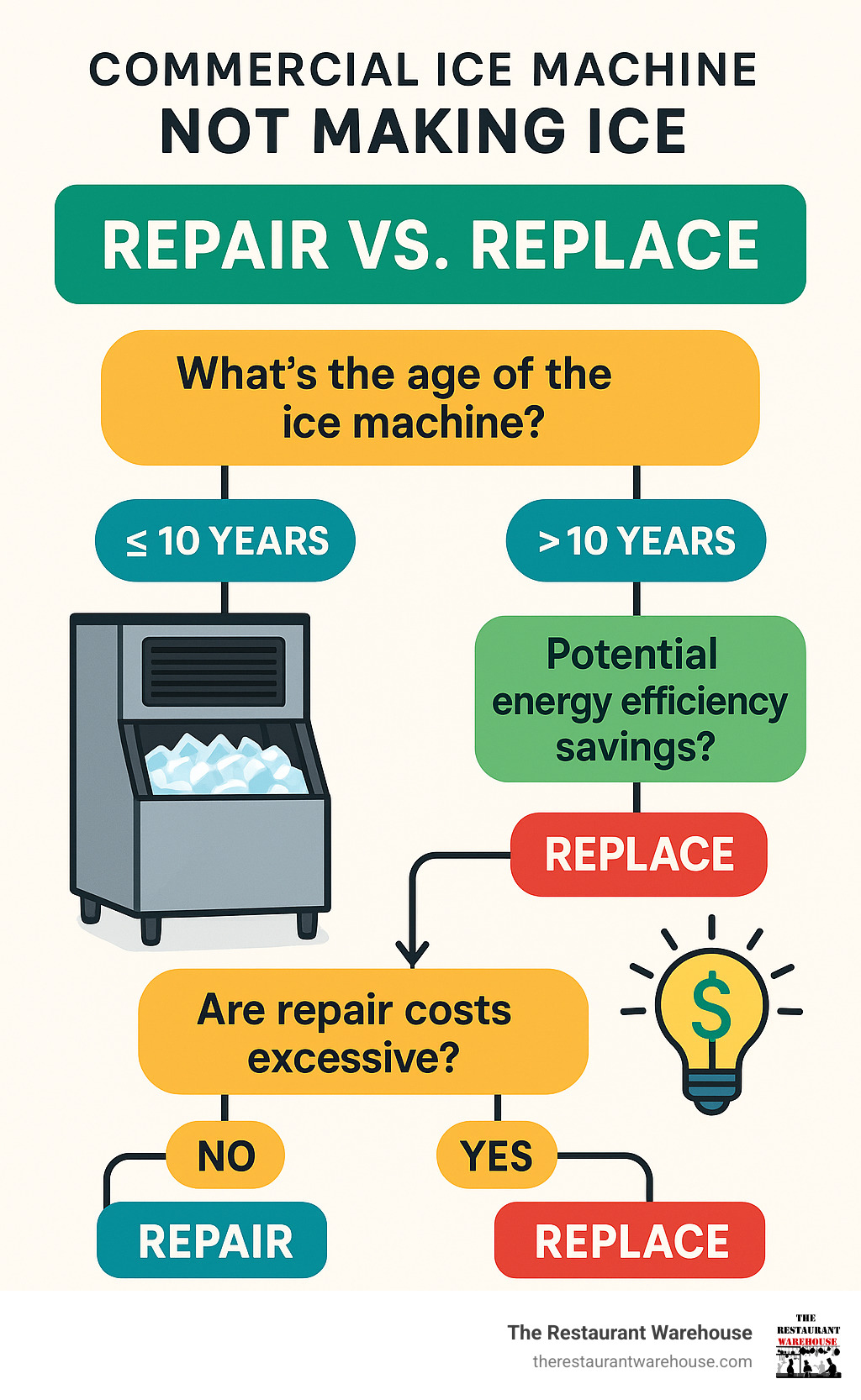 Infographic showing decision tree for repair vs replace commercial ice machine based on age, repair costs, and energy efficiency savings - commercial ice machine not making ice infographic 
