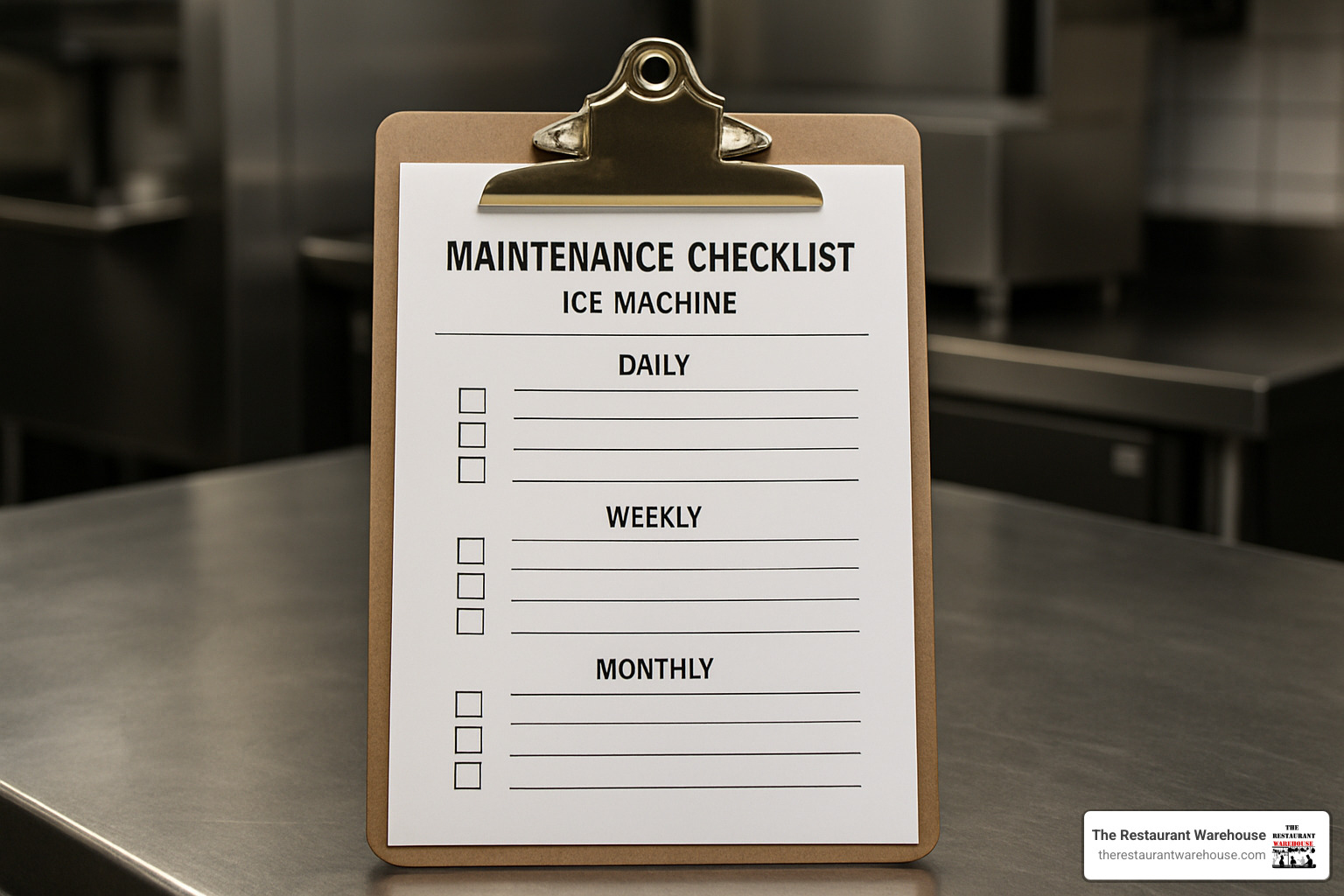 maintenance checklist on clipboard showing daily, weekly, and monthly ice machine tasks - commercial ice machine not making ice