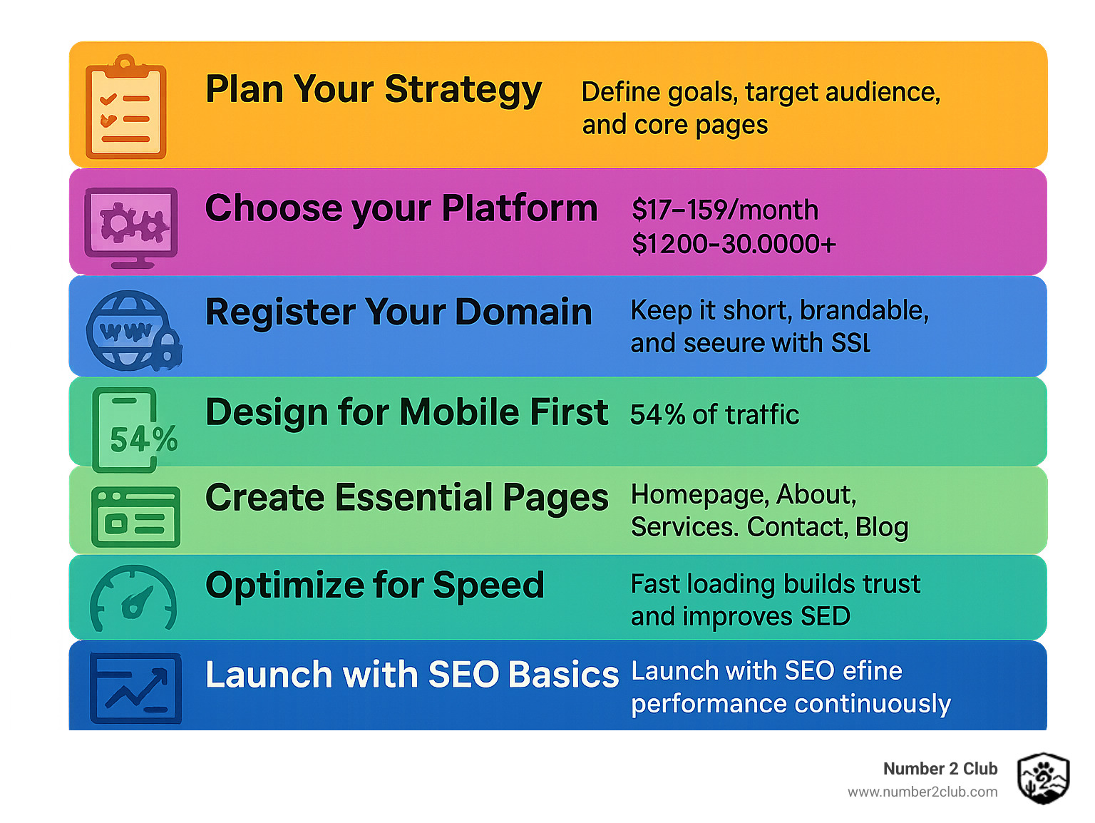 Step-by-step guide showing the complete small business website creation process from planning and domain registration through design, content creation, launch, and ongoing optimization with cost breakdowns and timeline estimates - how to design a website for a small business infographic 