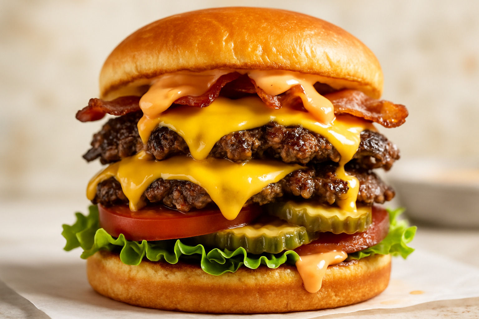 Fully loaded smash burger with multiple toppings stacked high - smash burger