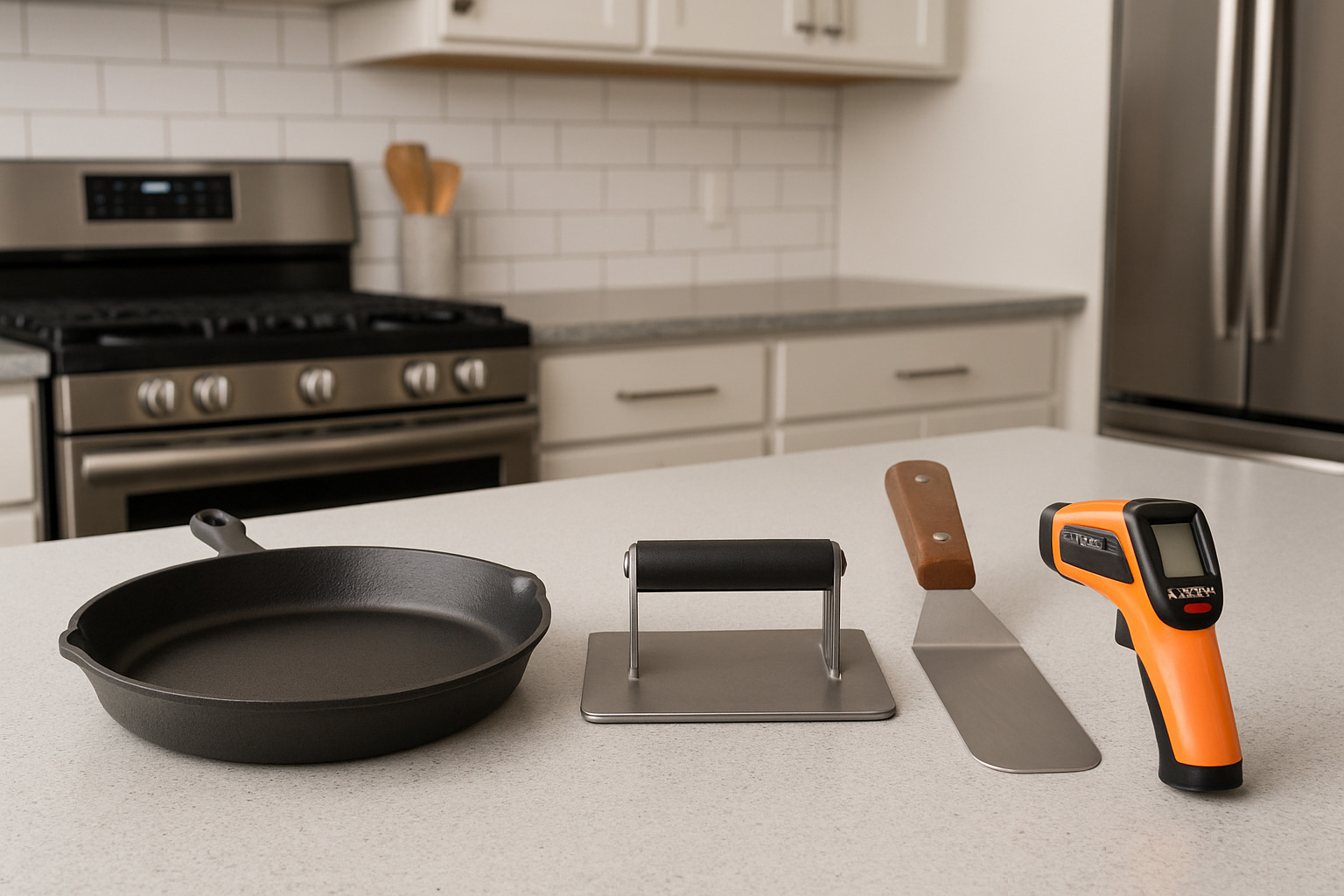 Essential smash burger tools laid out including cast iron skillet, burger press, thin metal spatula, and infrared thermometer - smash burger