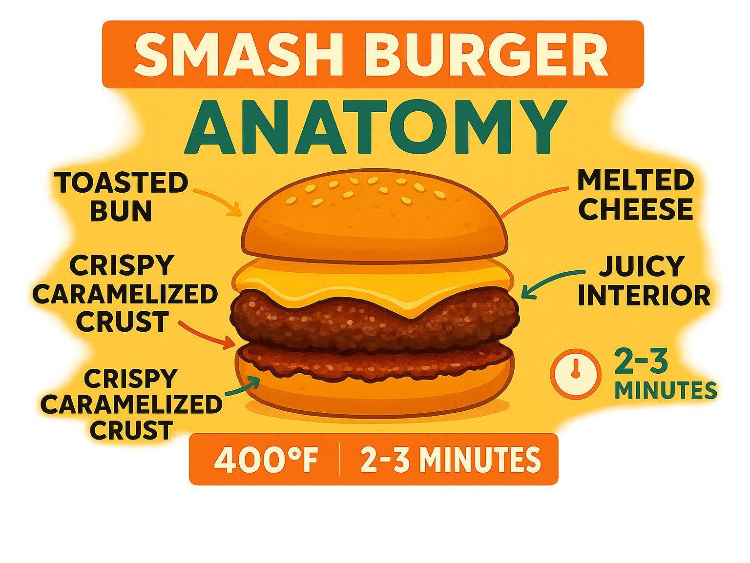 Detailed infographic showing smash burger anatomy with cross-section view highlighting the thin patty, crispy caramelized crust, juicy interior, melted cheese layer, and toasted bun components with temperature indicators and cooking time breakdown - smash burger infographic 