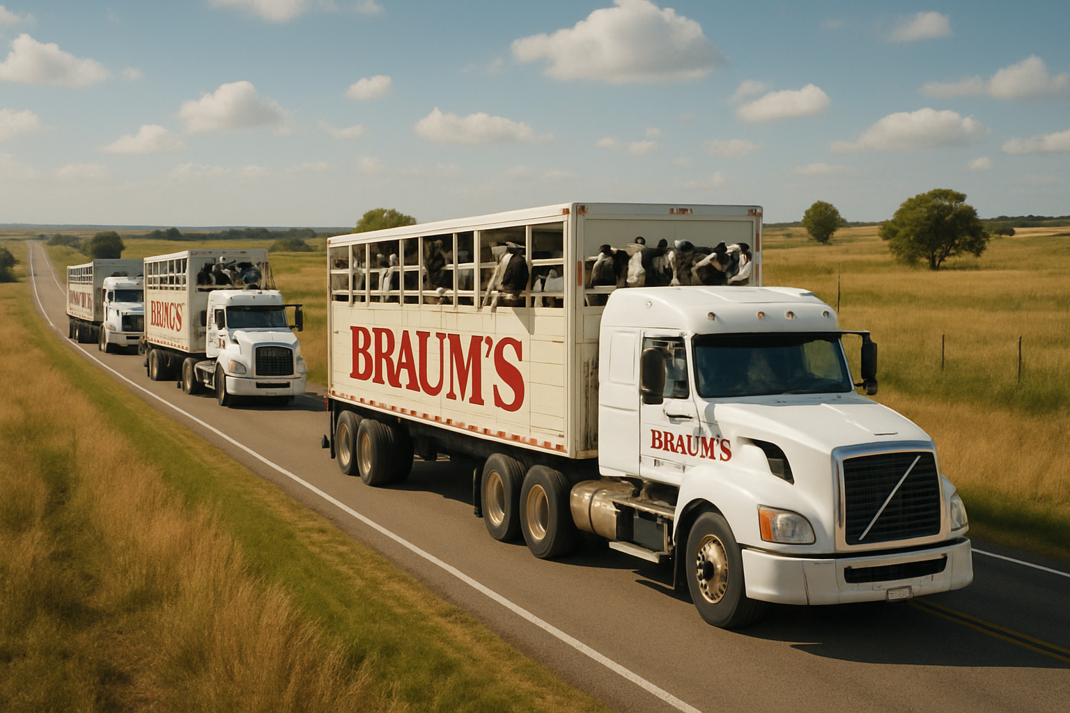 Modern cattle drive convoy of trucks transporting Braum's dairy herd - braums