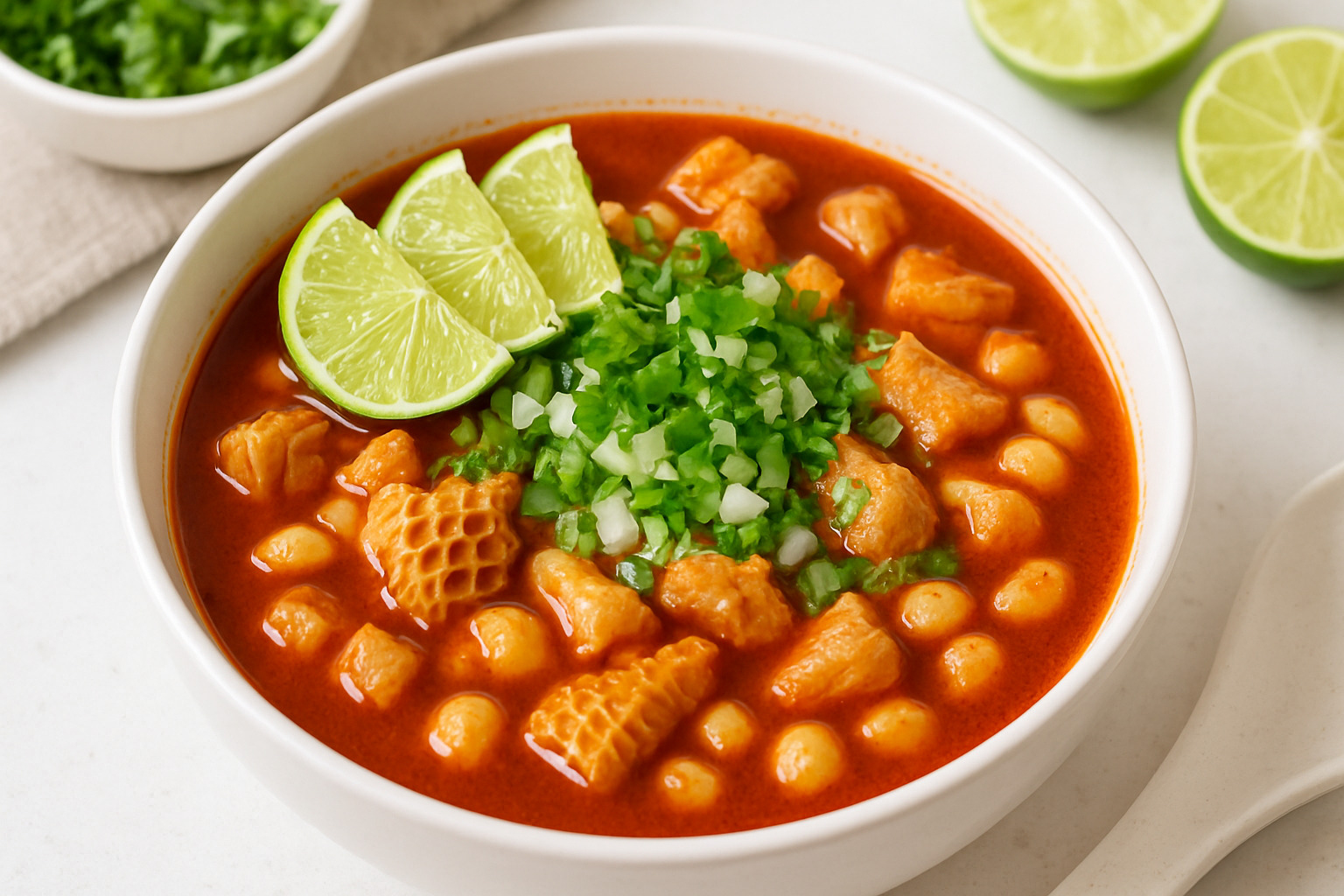 Mexican menudo soup in a bowl with garnishes of lime, cilantro, and chopped onions - tripe