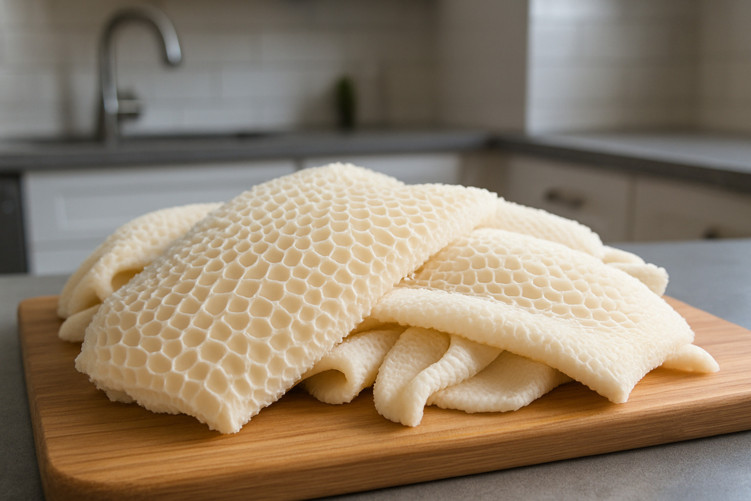 Clean, prepared honeycomb tripe showing the characteristic diamond pattern, ready for cooking - tripe