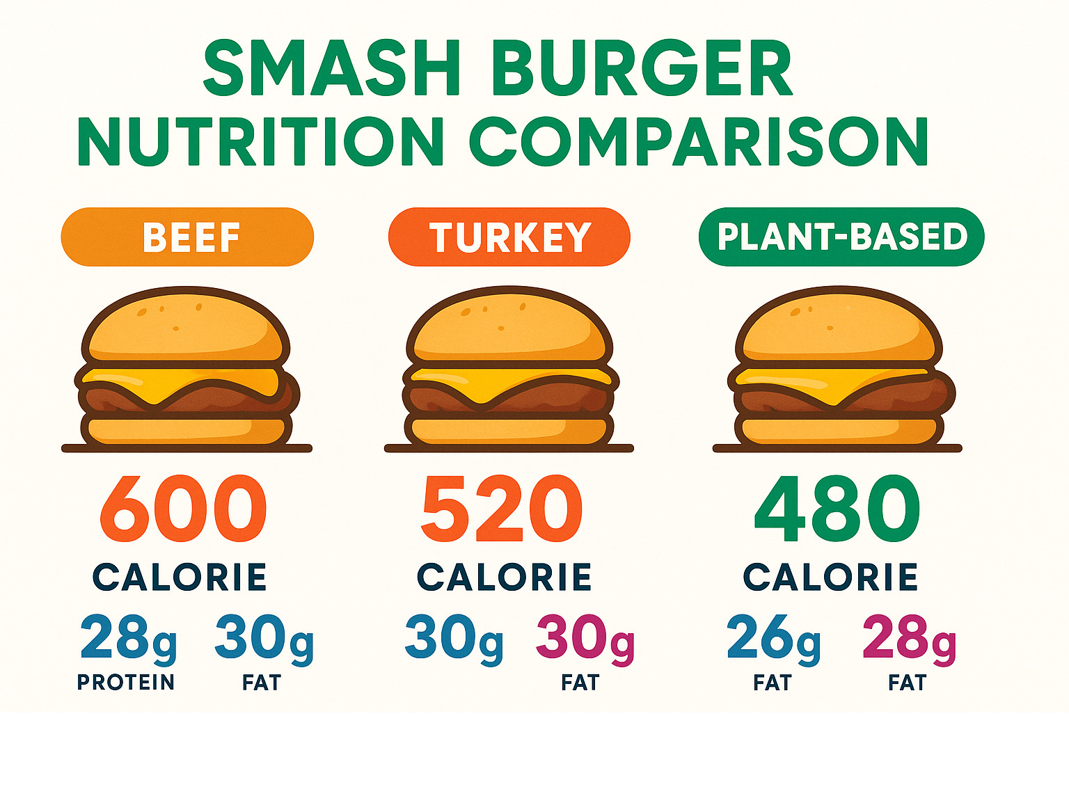 Statistical comparison showing nutritional differences between beef, turkey, and plant-based smash burger options with calorie, protein, and fat content breakdowns - smash burger infographic 