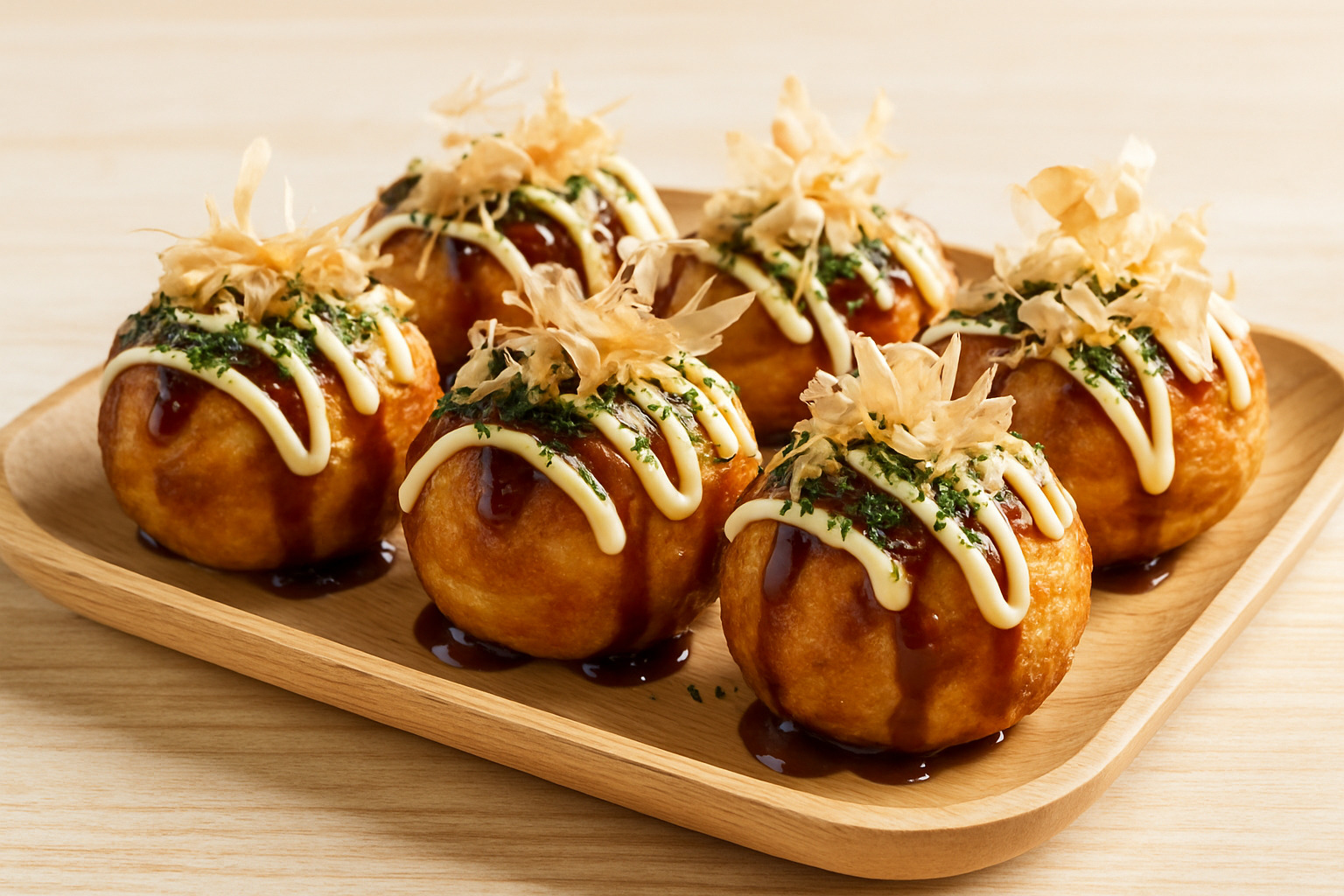 Golden finished takoyaki balls topped with sauce, mayo, aonori and dancing bonito flakes on a traditional wooden serving board - takoyaki