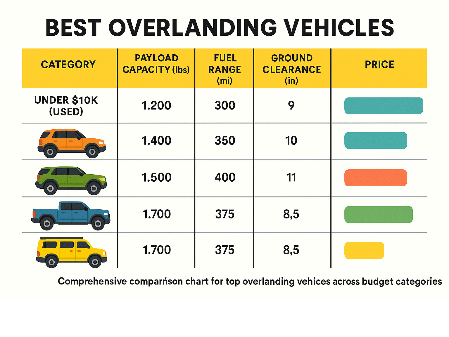 Comprehensive comparison chart showing payload capacity, fuel range, ground clearance, and pricing for top overlanding vehicles across budget categories from under $10K used vehicles to $70K+ factory builds - best overlanding vehicles infographic 
