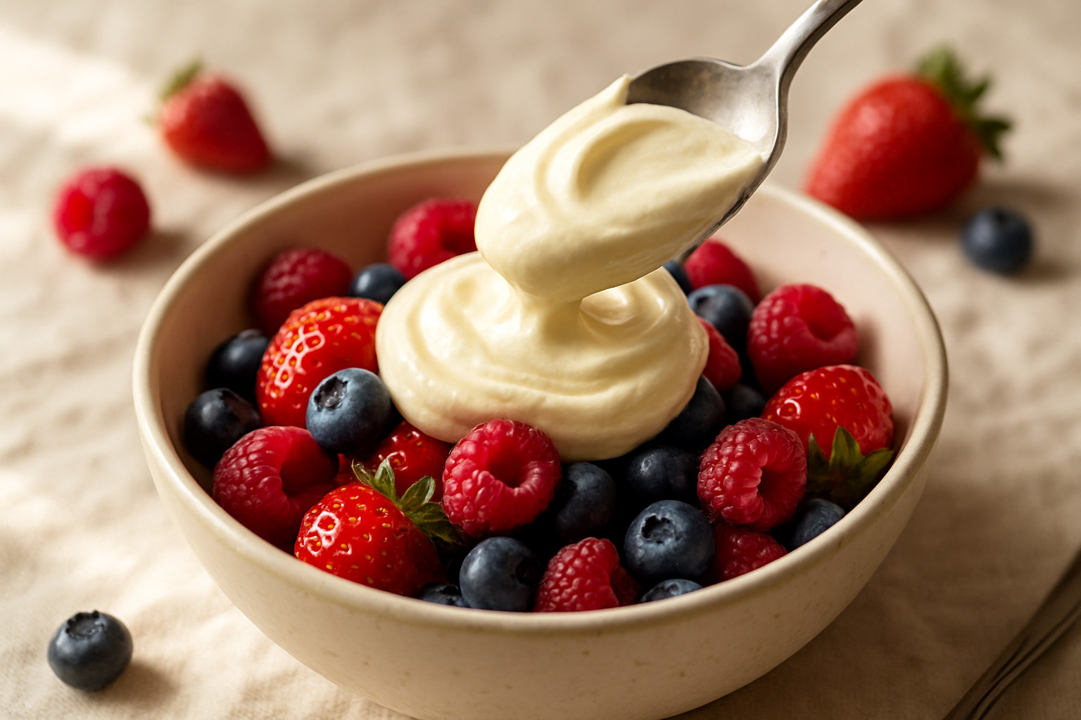 mascarpone being dolloped onto fresh berries - mascarpone
