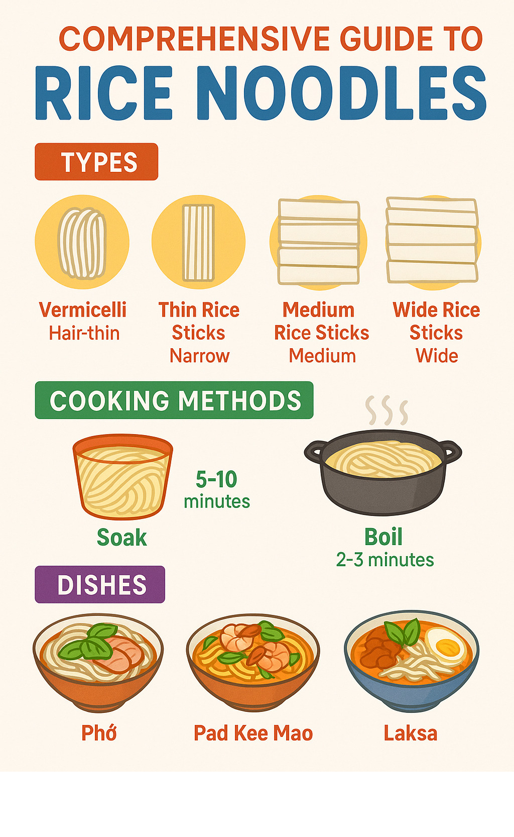 Comprehensive rice noodle guide showing different types from thin vermicelli to wide flat sheets, cooking methods including soaking times, and popular dishes from various Asian cuisines - rice noodles infographic 
