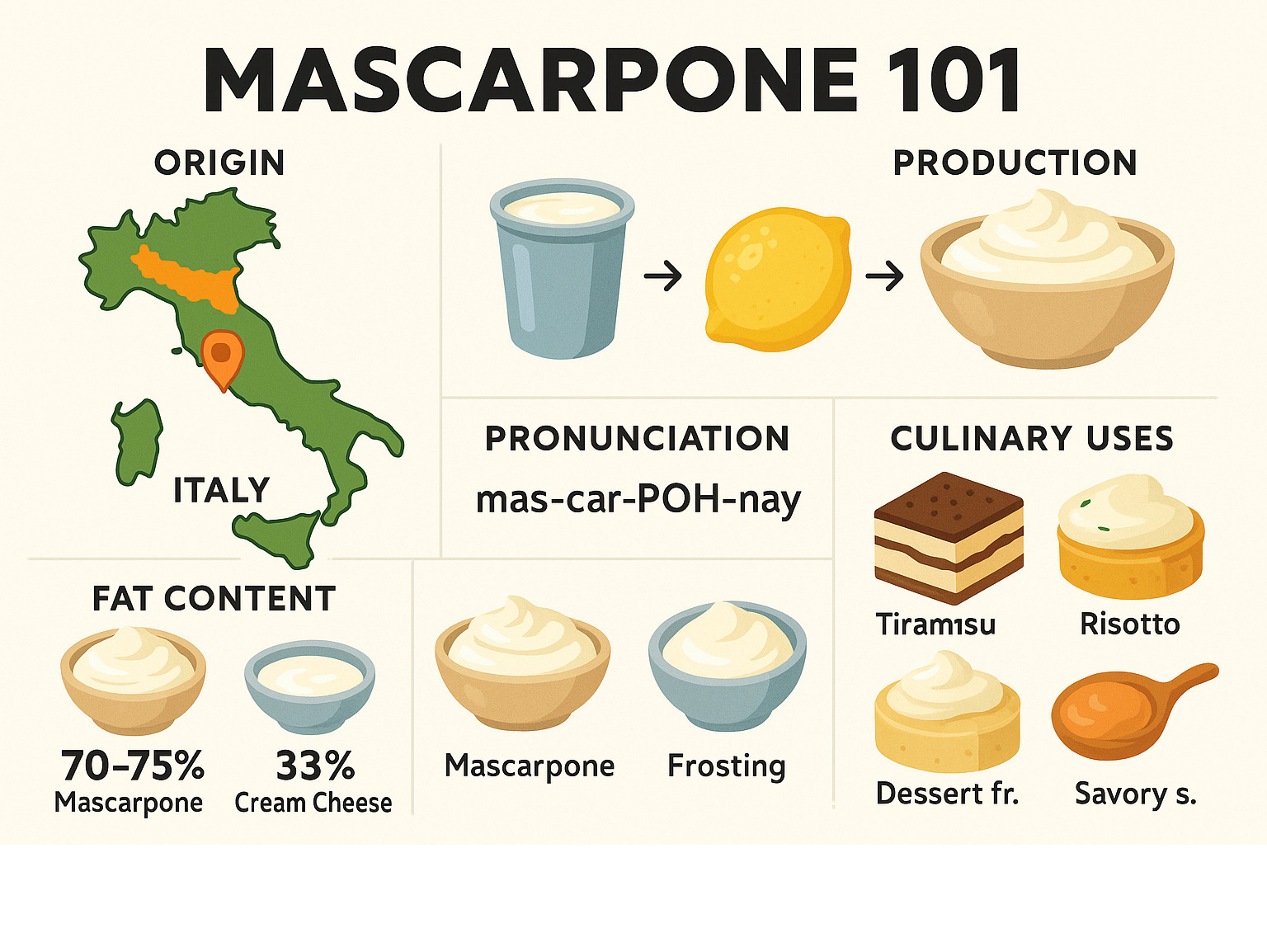 Comprehensive guide to mascarpone cheese including origin map of Lombardy Italy, production process from cream to finished cheese, nutritional comparison with cream cheese showing fat percentages, pronunciation guide, and popular culinary applications from tiramisu to savory sauces - mascarpone infographic 