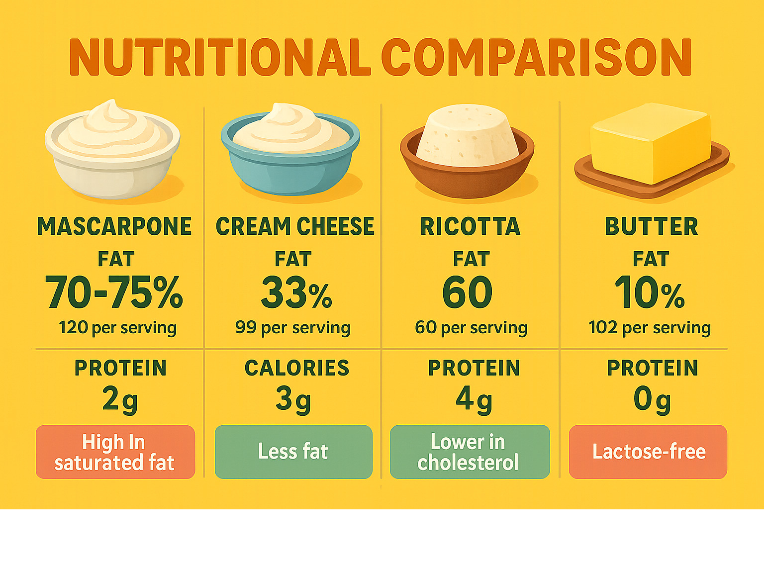 Nutritional comparison chart showing mascarpone versus cream cheese, ricotta, and butter - displaying fat content percentages, calories per serving, protein levels, and key nutritional differences in easy-to-read format - mascarpone infographic 