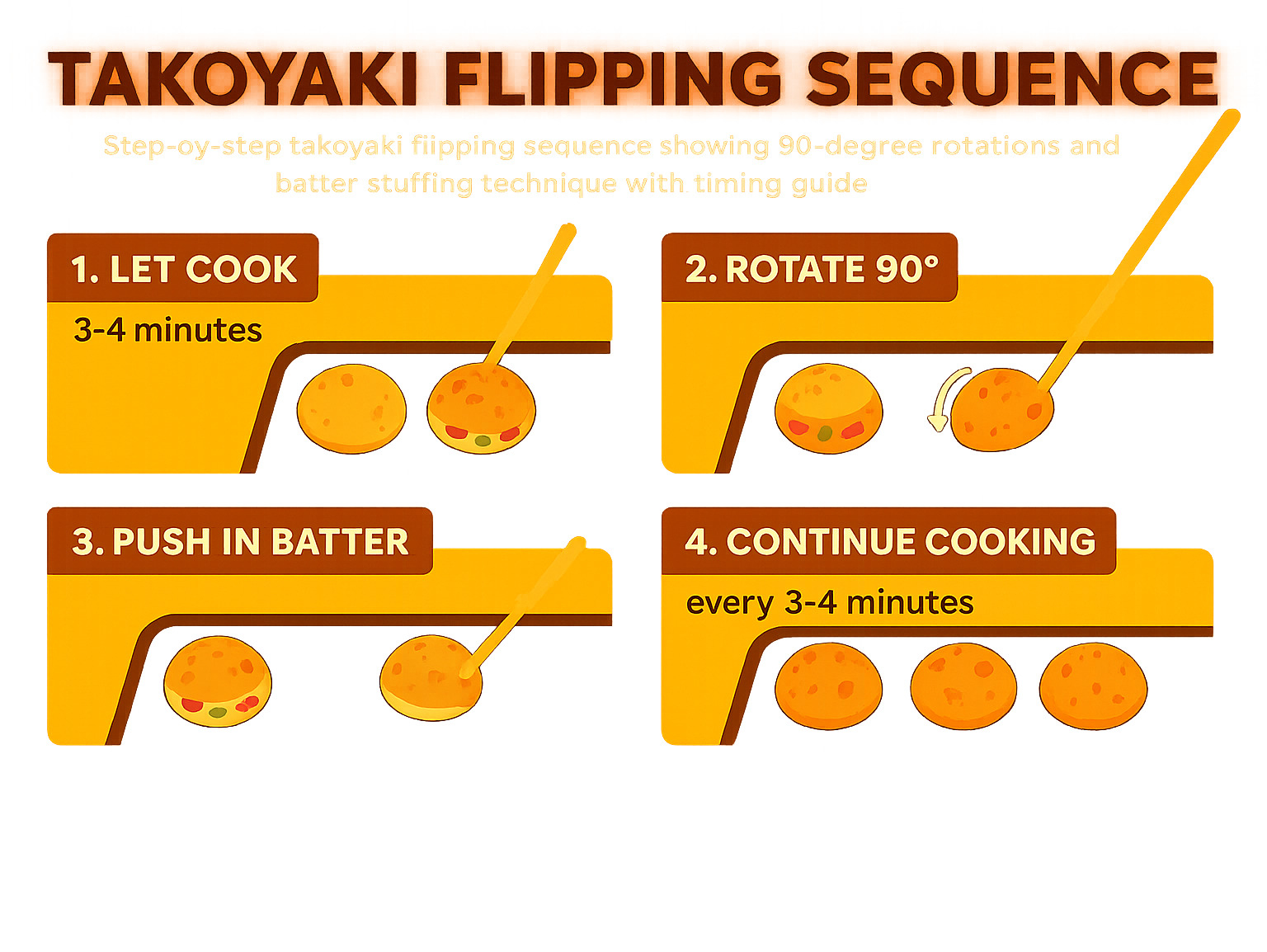 Step-by-step takoyaki flipping sequence showing 90-degree rotations and batter stuffing technique with timing guide - takoyaki infographic 