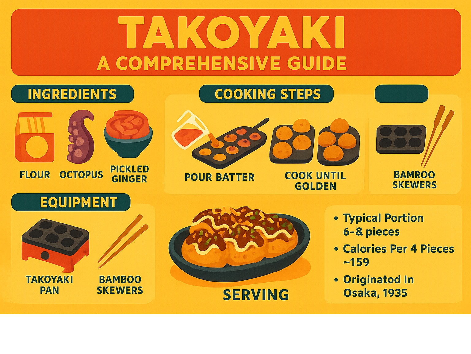 Comprehensive takoyaki guide showing ingredients, cooking steps, equipment needed, and serving suggestions with nutritional information and cultural context - takoyaki infographic 
