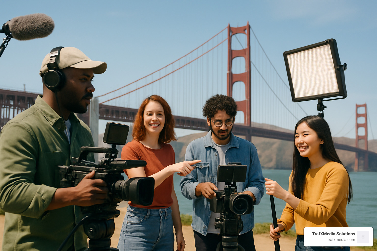 Creative team filming with Golden Gate Bridge in background - San Francisco video marketing