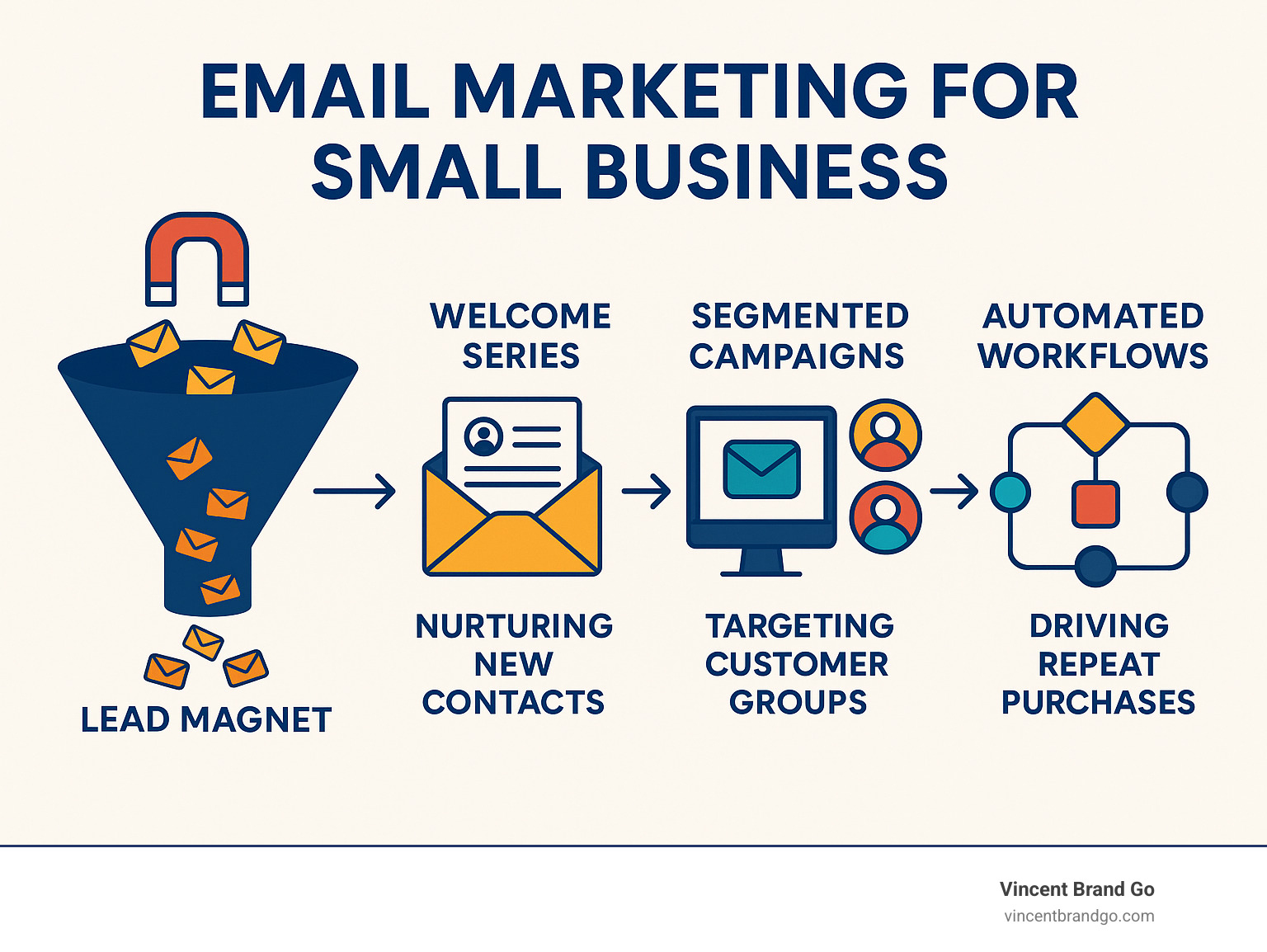 Email marketing funnel showing lead magnet attracting subscribers, welcome series nurturing new contacts, segmented campaigns targeting different customer groups, and automated workflows driving repeat purchases - email marketing for small business infographic 