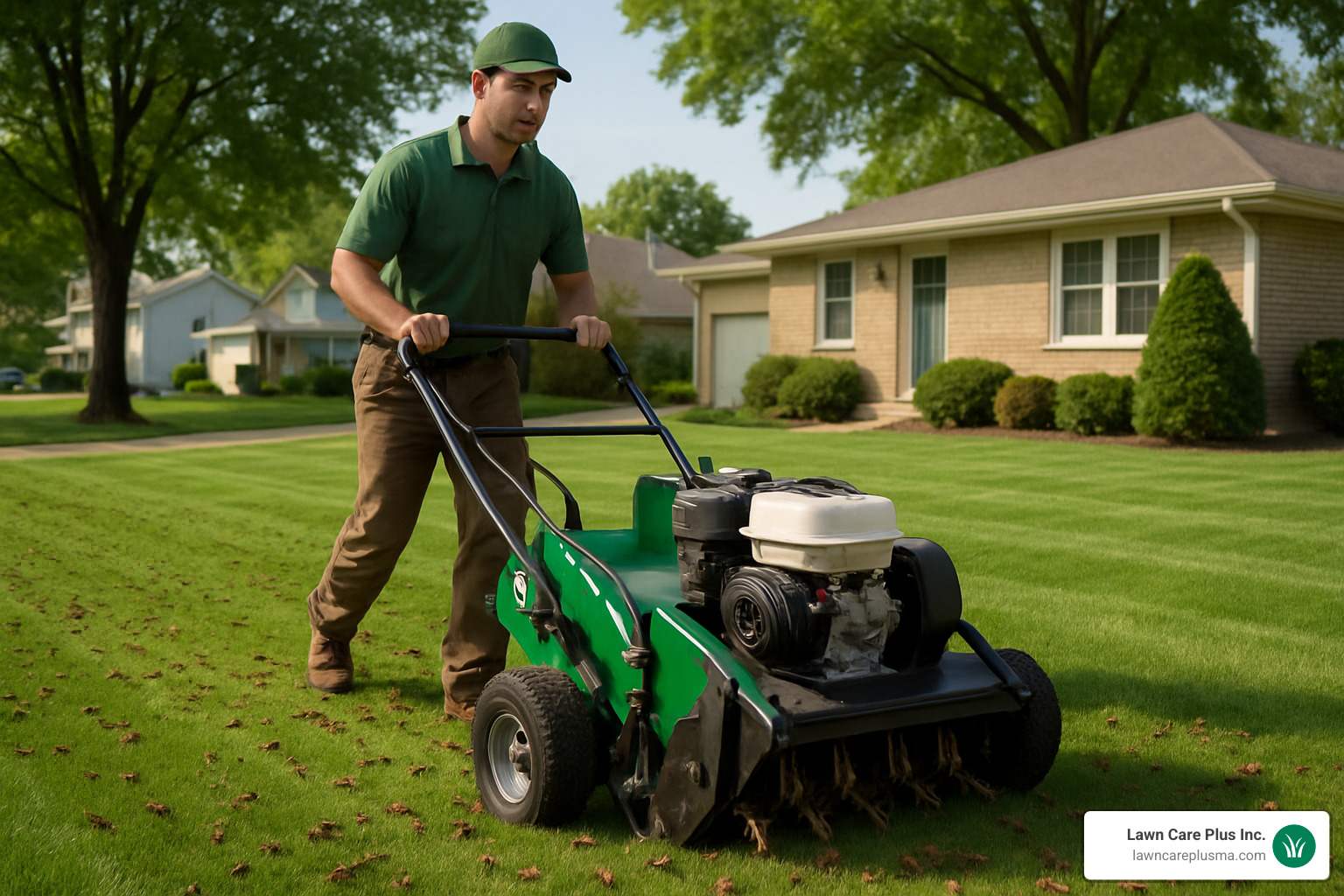 Professional aerating lawn with commercial equipment - lawn care maintenance near me