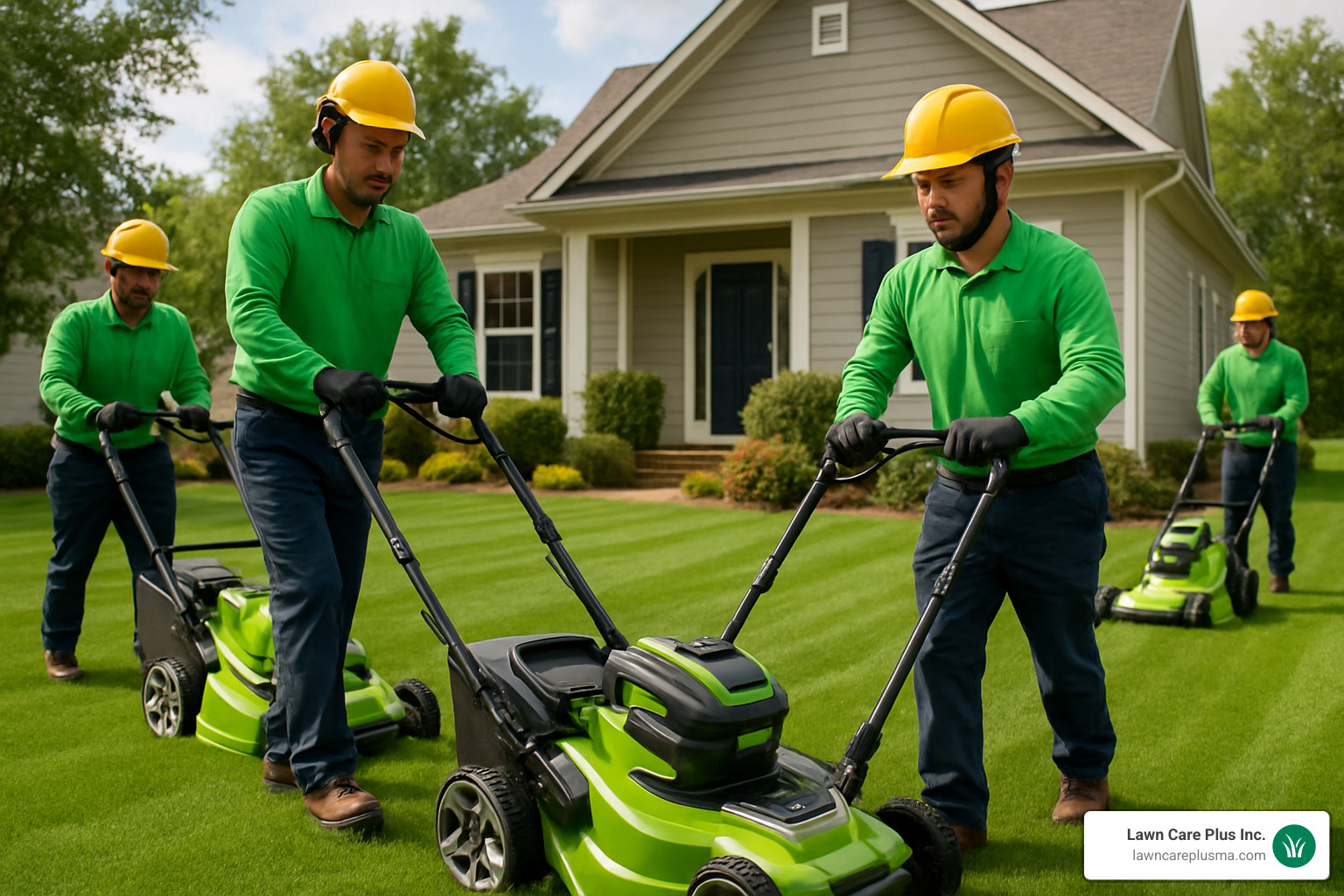 Professional crew using battery-powered mower on residential lawn - lawn care maintenance near me