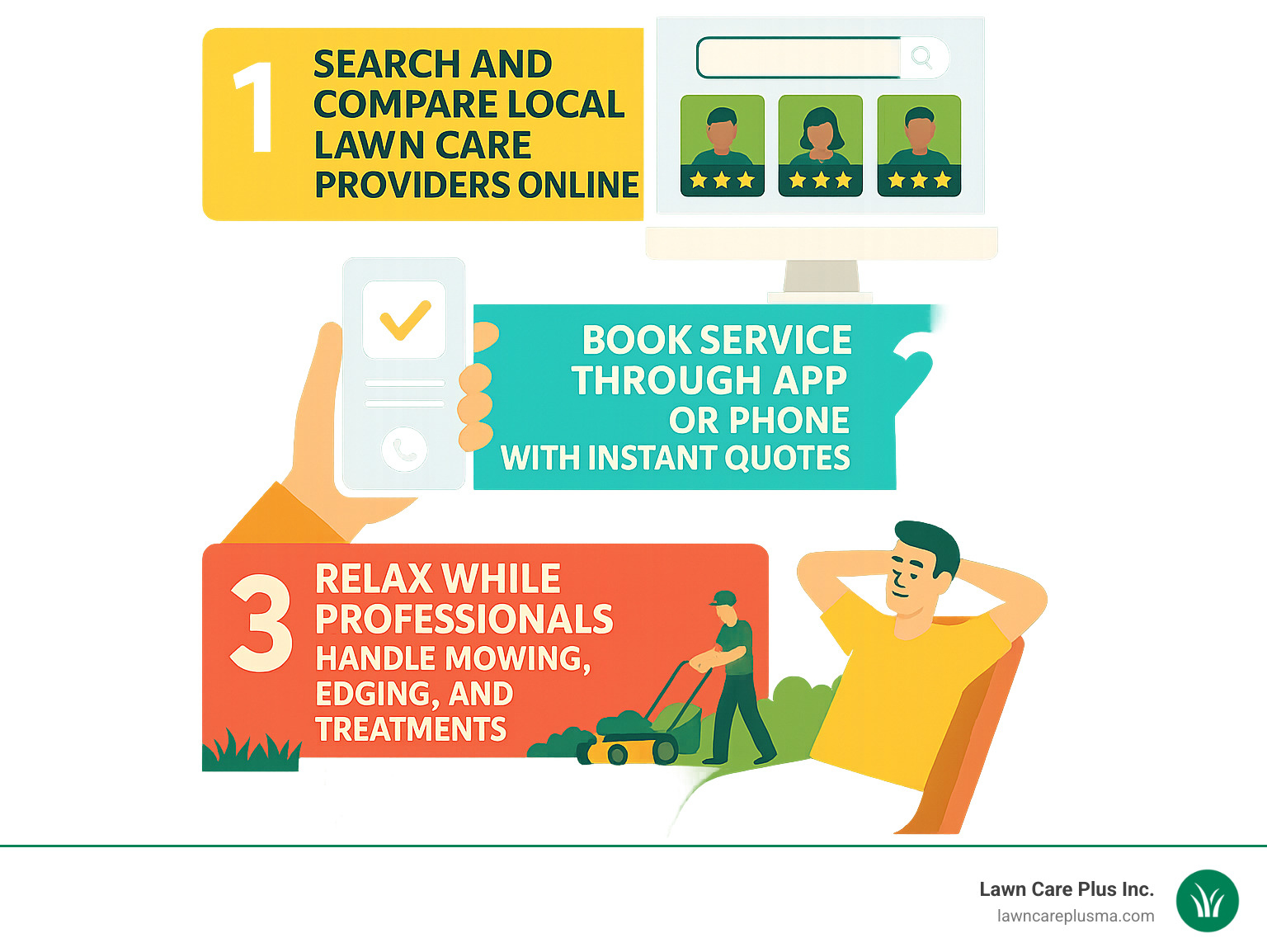 Infographic showing three-step process: Step 1 - Search and compare local lawn care providers online, Step 2 - Book service through app or phone with instant quotes, Step 3 - Relax while professionals handle mowing, edging, and treatments with satisfaction guarantee - lawn care maintenance near me infographic 