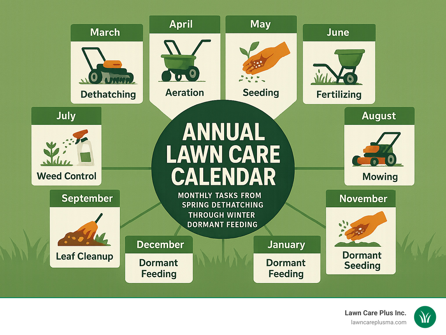 Annual lawn care calendar showing monthly tasks from spring dethatching through winter dormant feeding - lawn care maintenance near me infographic 