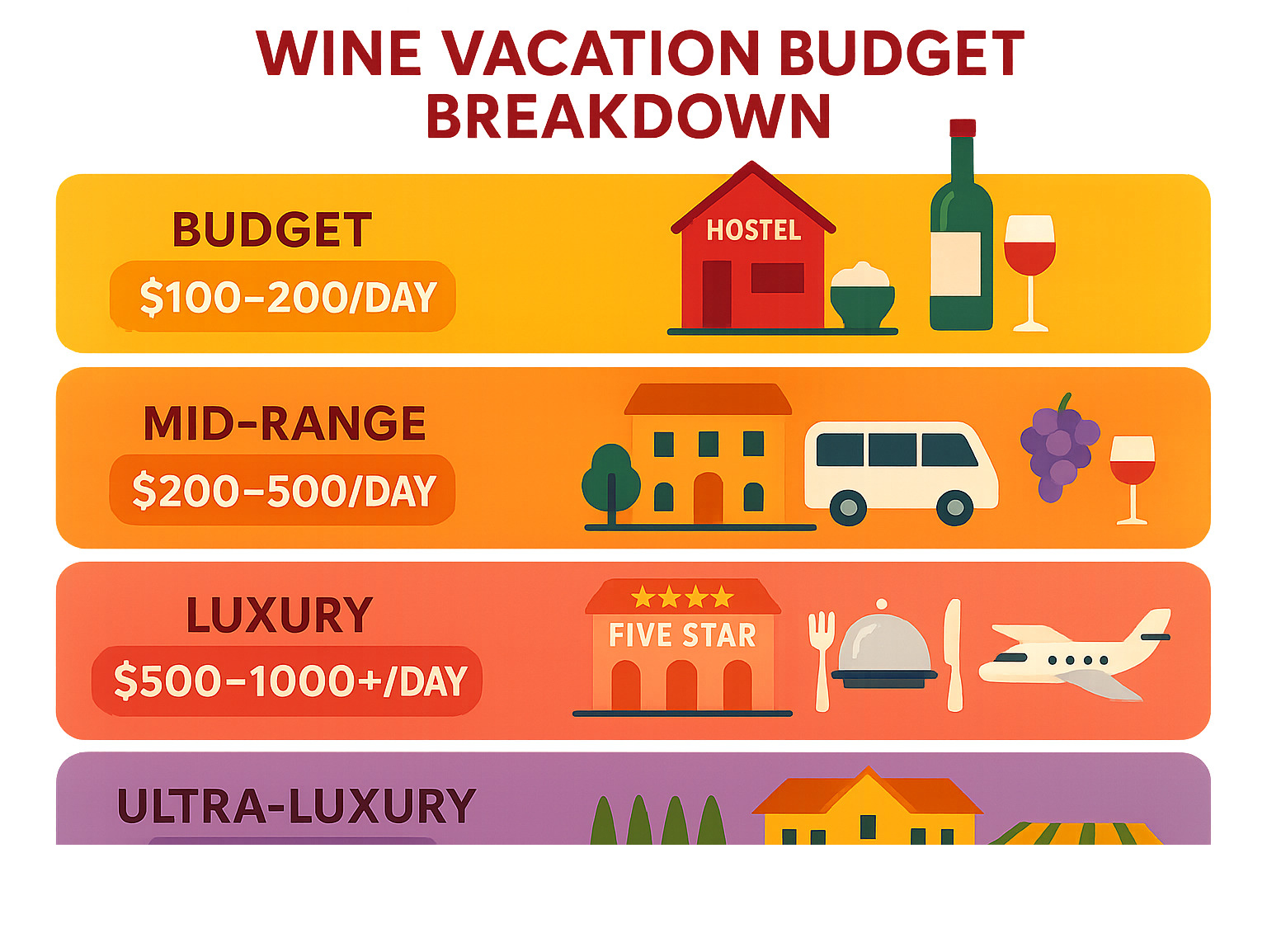 Wine vacation budget breakdown showing spending ranges from budget hostels at $100-200/day to ultra-luxury villa buyouts at $1000+/day, with popular mid-range options at $200-500/day including boutique accommodations and guided tours - best wine vacations in the world infographic 