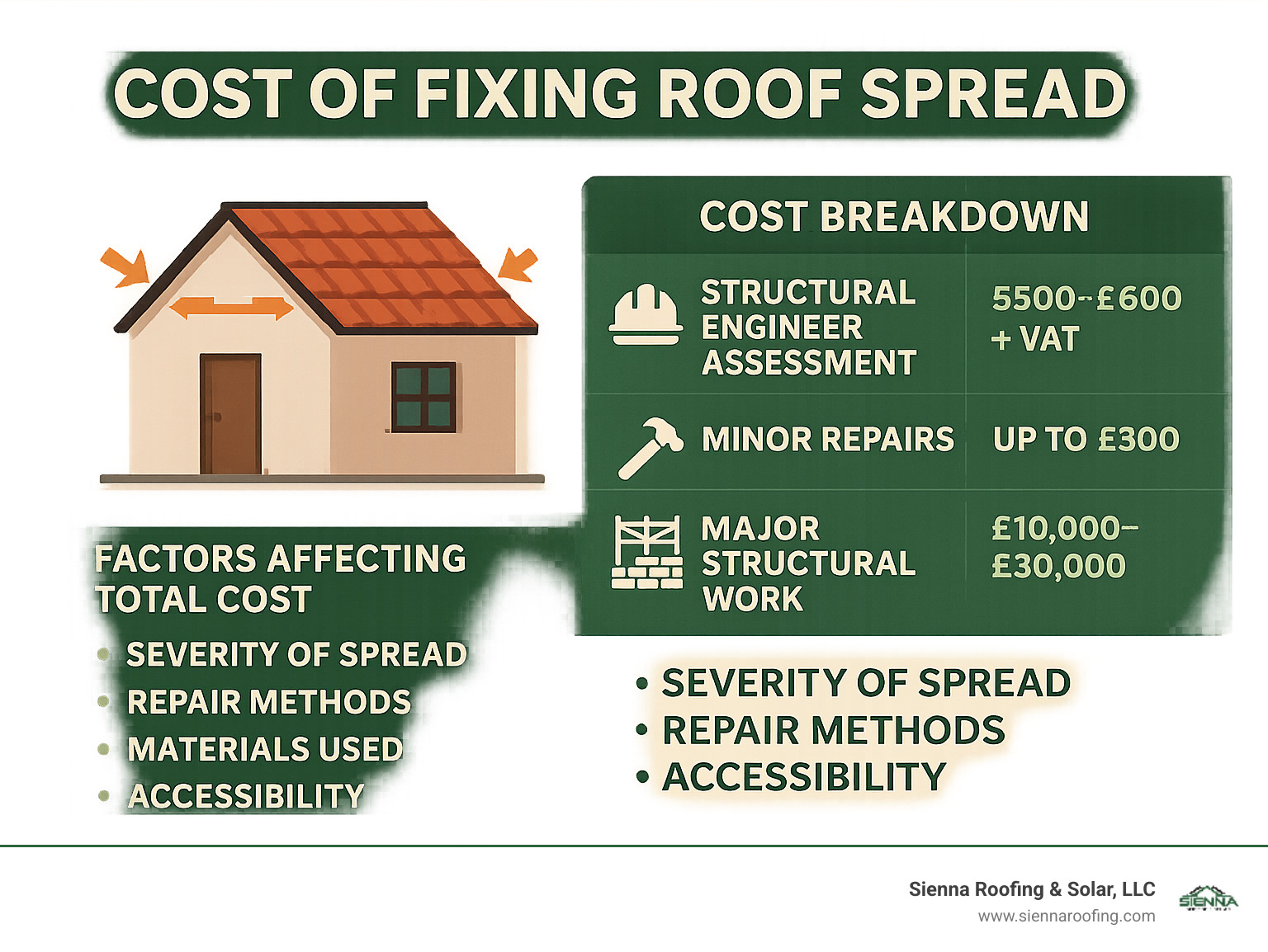 Detailed infographic showing roof spread cost breakdown from minor repairs under £500 to major structural work up to £30,000, including assessment fees, repair methods, and factors affecting total cost - cost of fixing roof spread infographic 