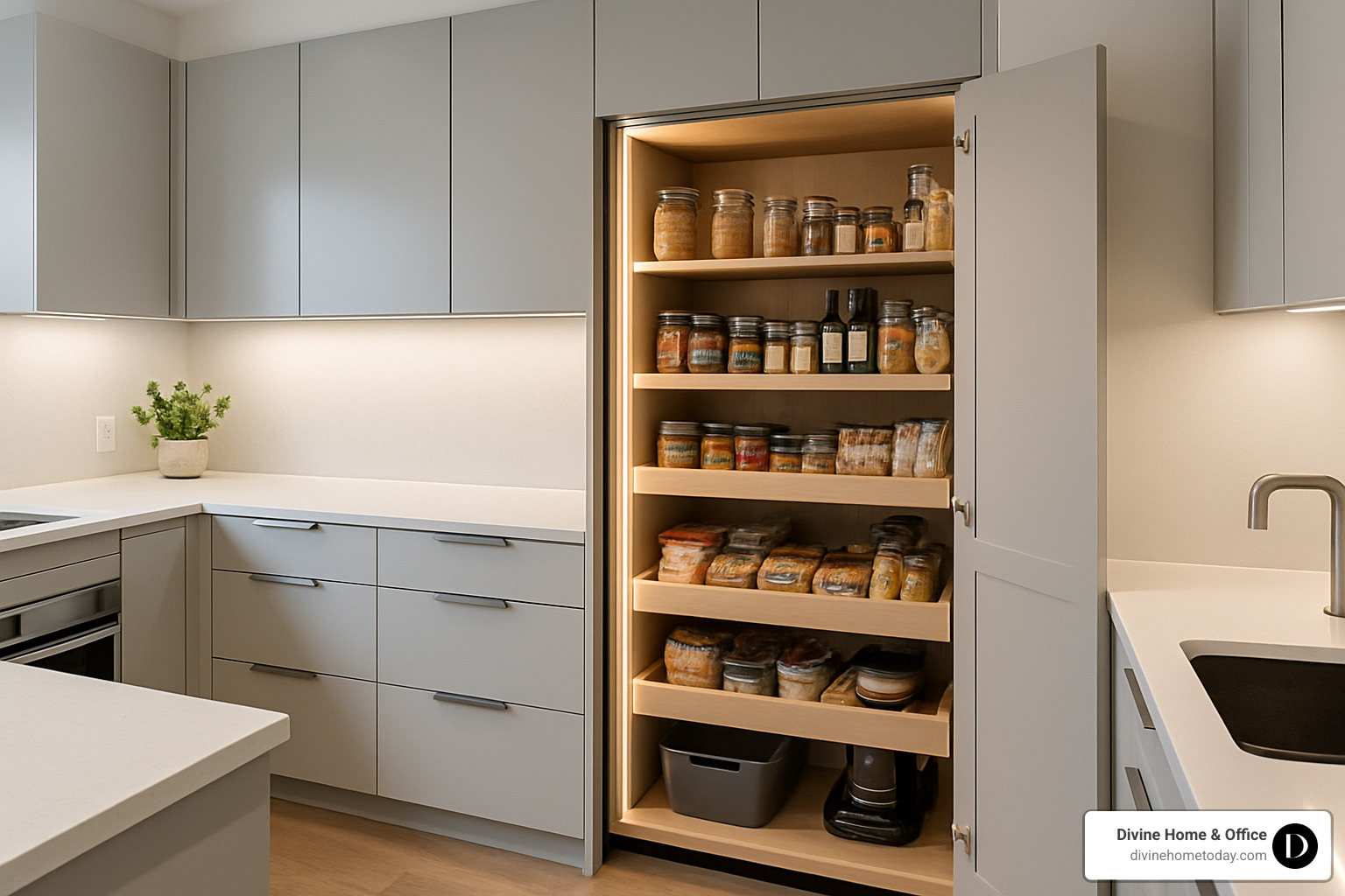 Hidden pantry with pull-out shelving system - custom design cabinets