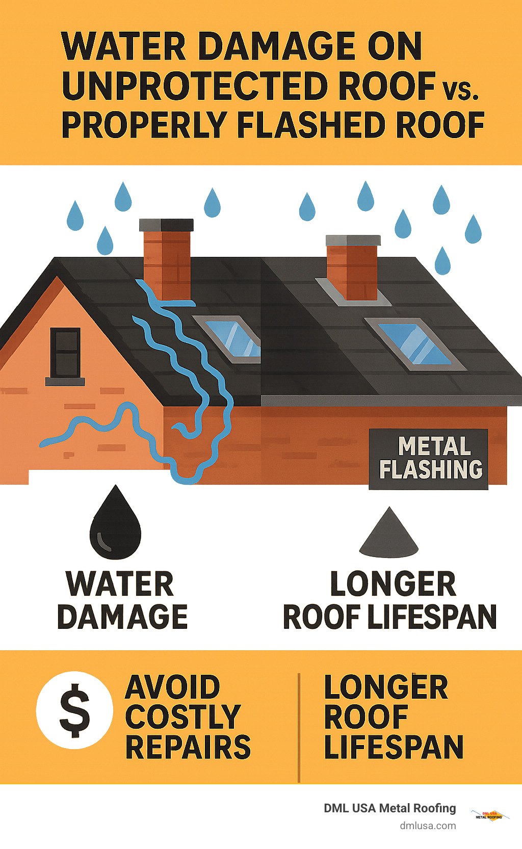 Infographic showing comparison between water damage on unprotected roof versus properly flashed roof with metal flashing protecting vulnerable areas like chimneys, skylights, and roof edges, including cost savings and lifespan benefits - metal flashing suppliers near me infographic 