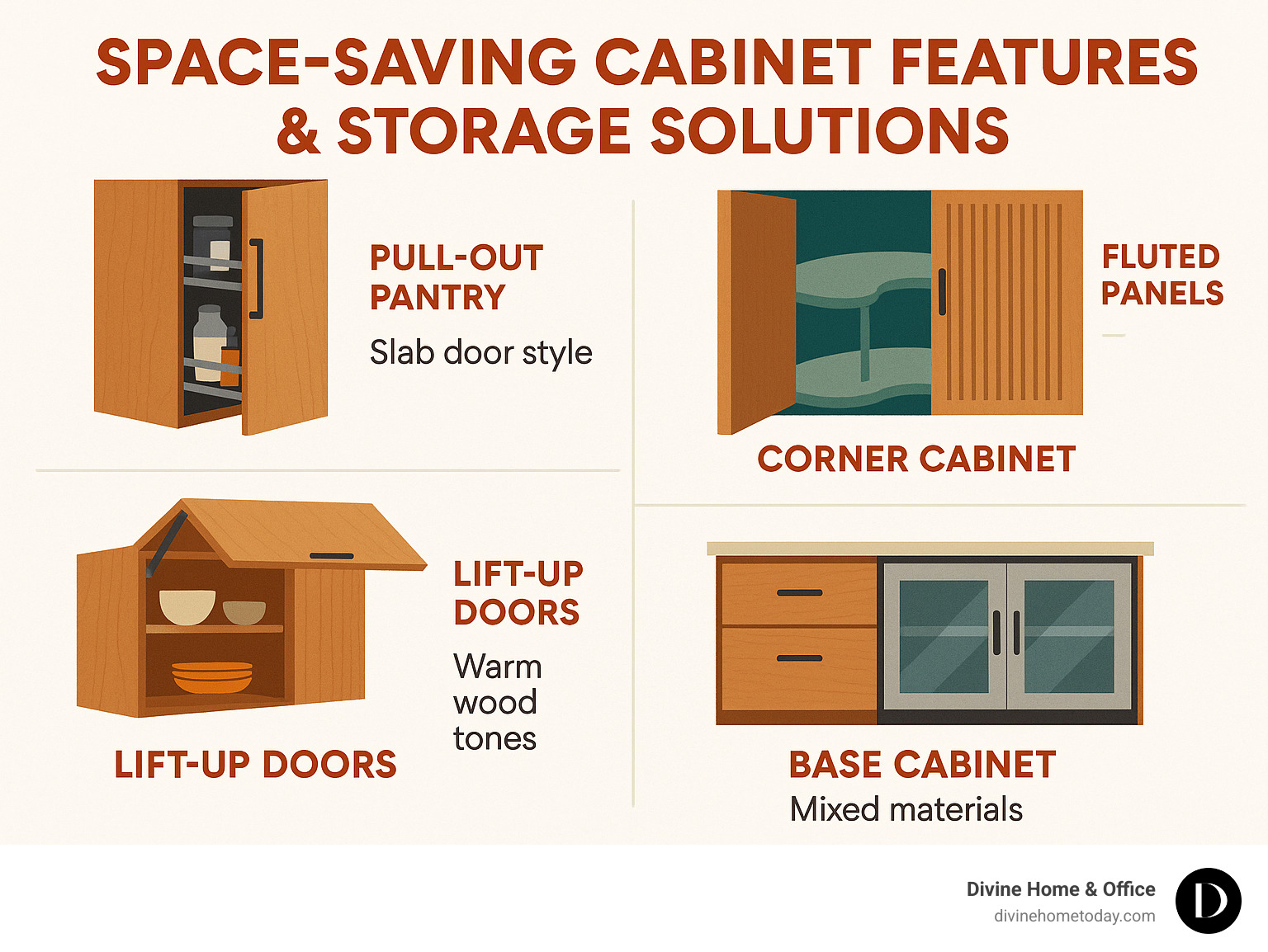 Infographic showing space-saving cabinet features and storage solutions - custom design cabinets infographic 