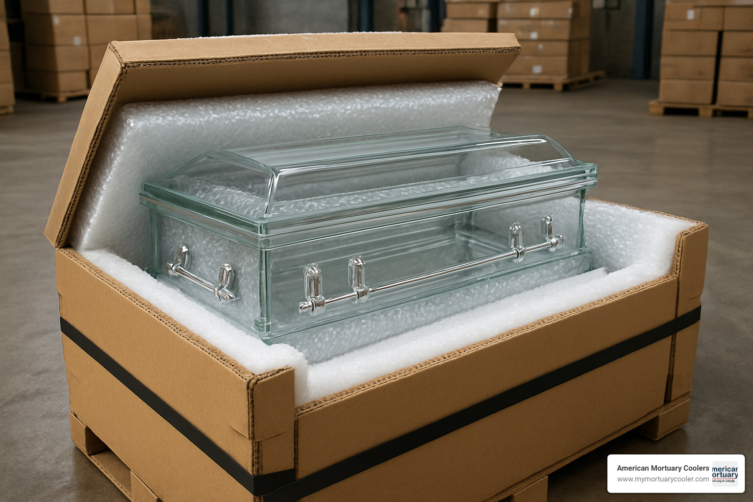 Reinforced packaging system showing multiple protective layers around glass clear casket including foam padding, bubble wrap, and impact-resistant outer container - glass clear casket