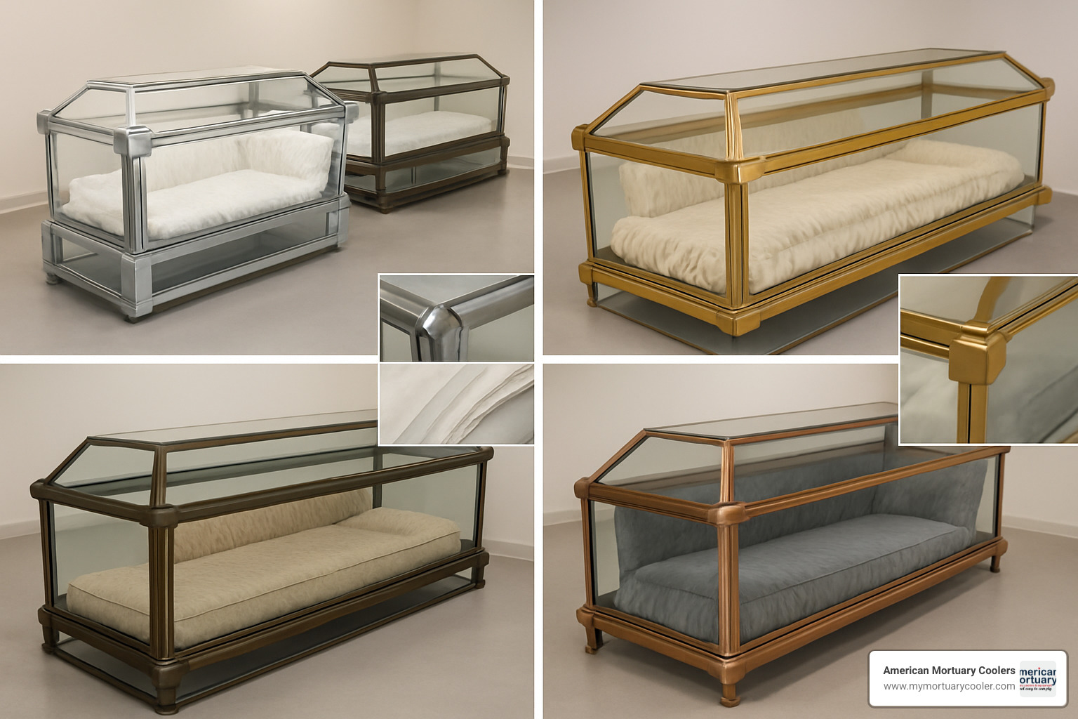 Product collage showing various glass clear casket models including different frame colors, interior fabrics, and transparency levels - glass clear casket