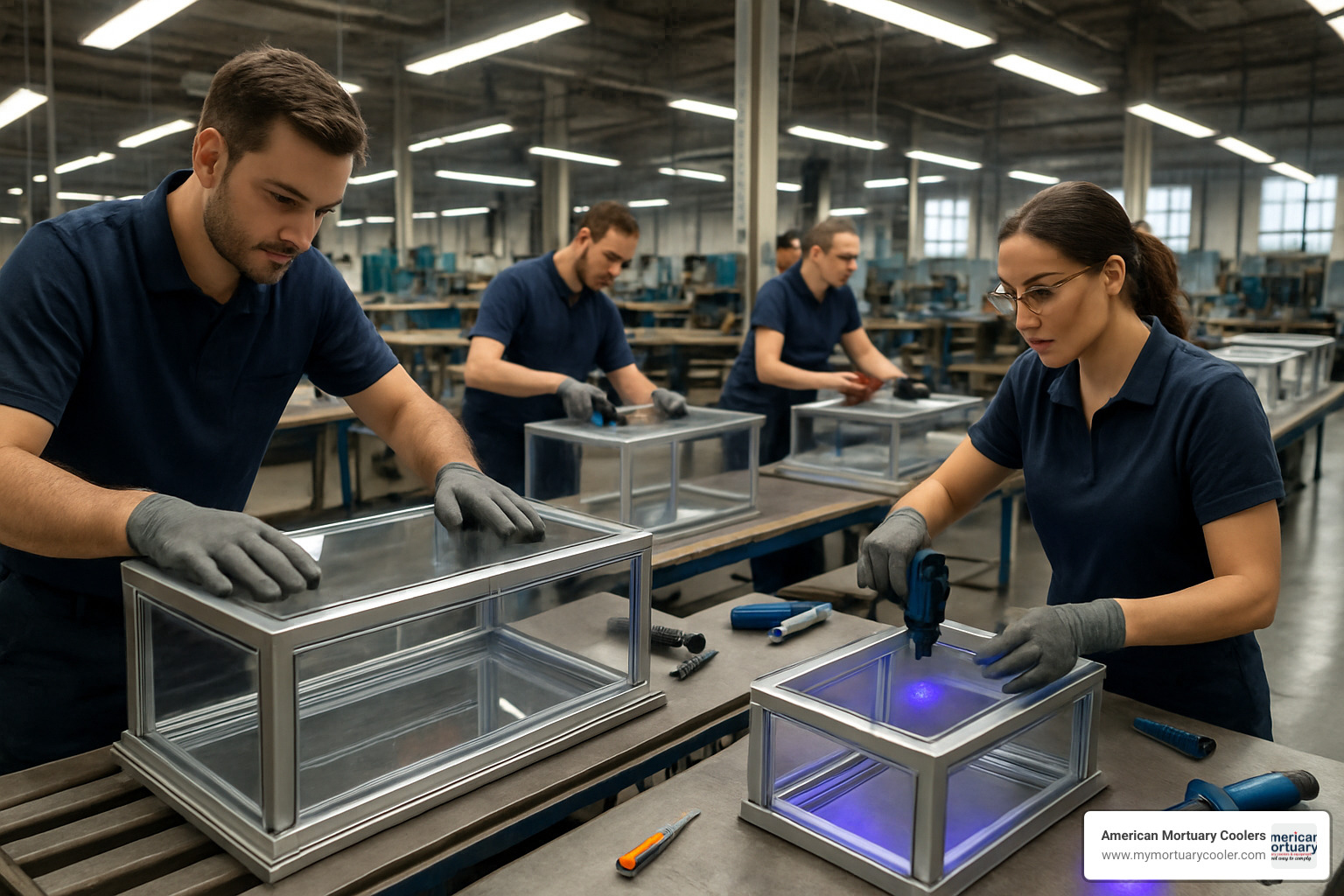 Manufacturing line showing glass clear casket assembly process with workers installing panels into metal frames - glass clear casket