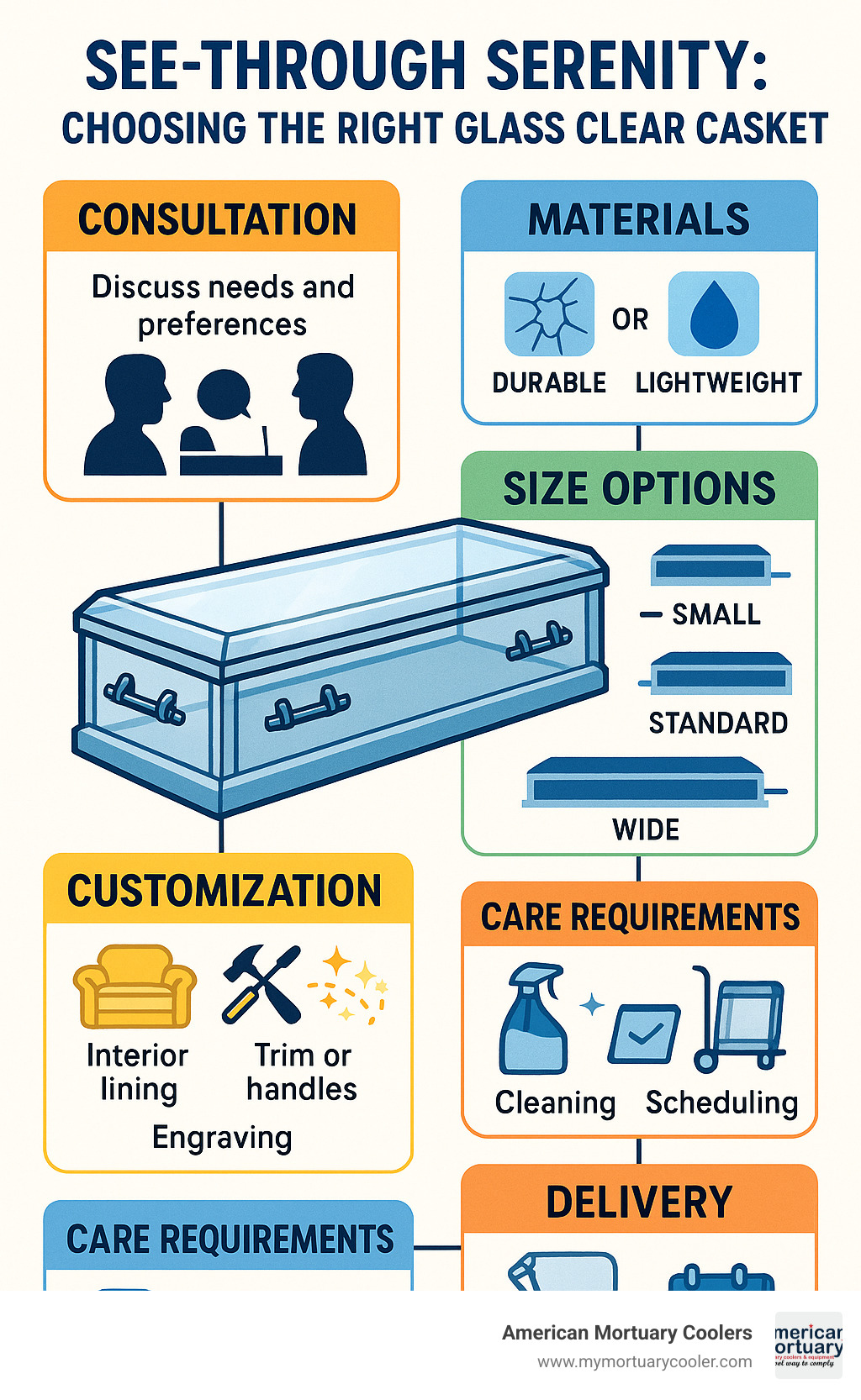 Comprehensive infographic showing glass clear casket selection process from initial consultation through delivery, including material comparisons, size options, customization features, and care requirements - glass clear casket infographic 