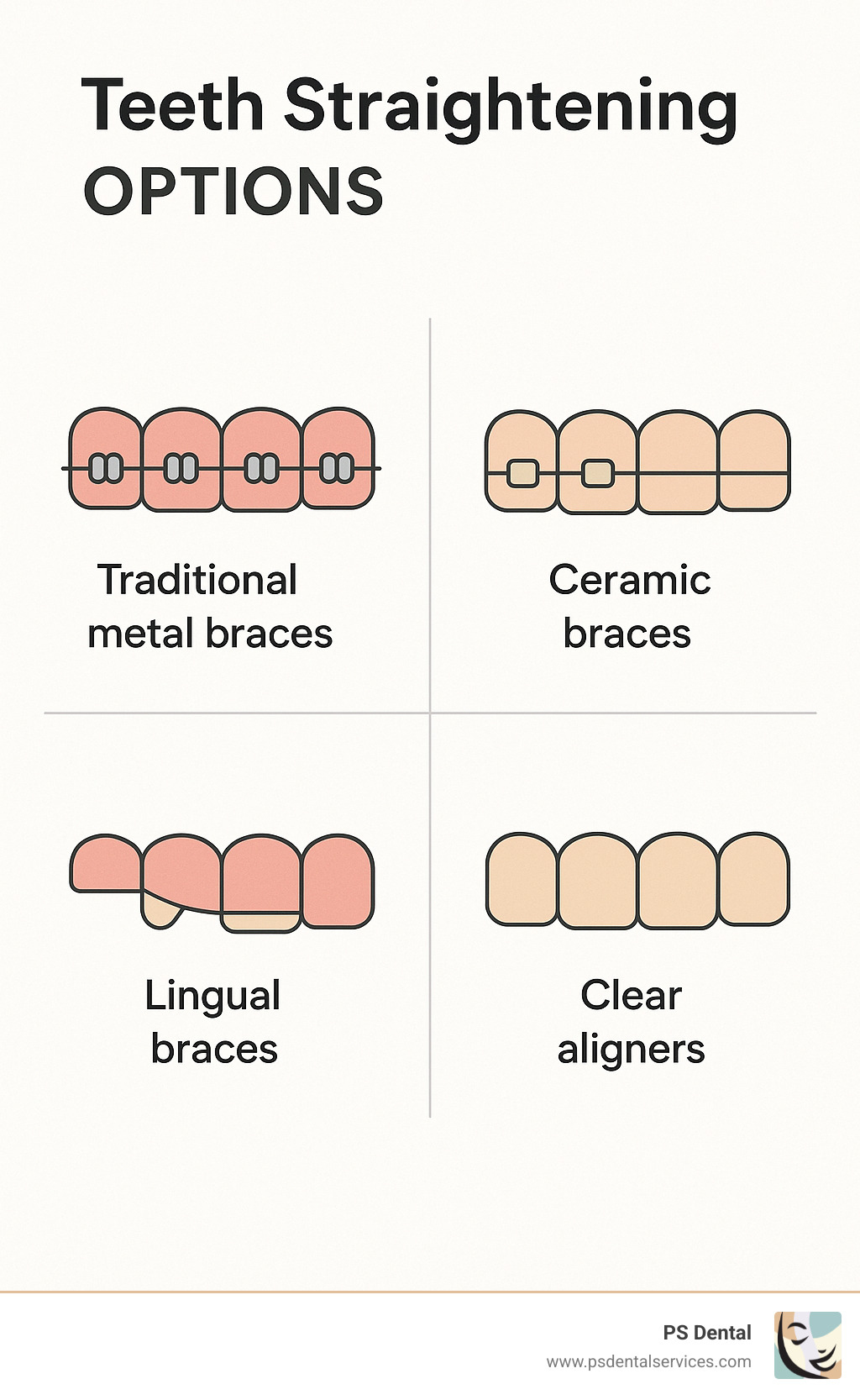 comparison chart showing different types of braces and aligners - teeth straightening infographic 