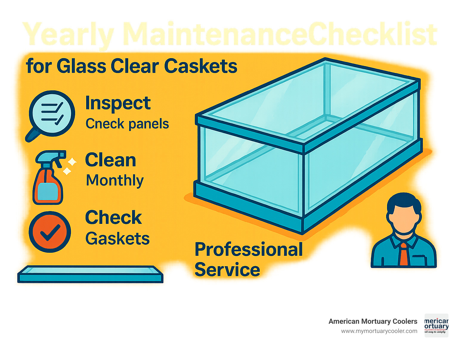Yearly maintenance checklist infographic showing inspection points, cleaning schedule, gasket checks, and professional service recommendations for glass clear caskets - glass clear casket infographic 