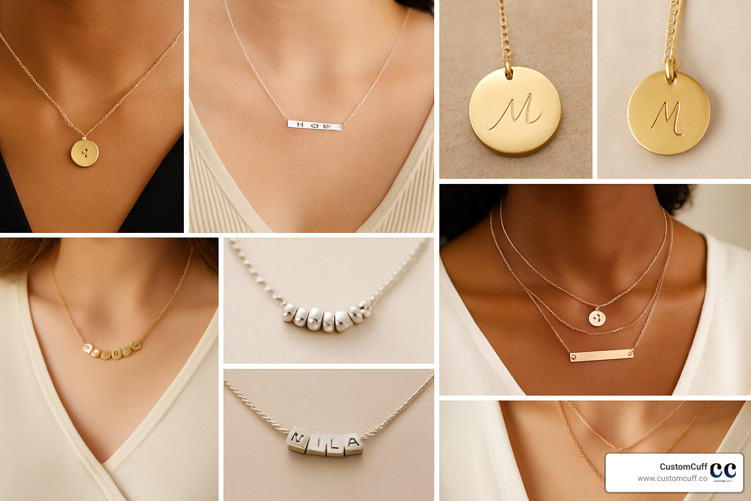 Collage showing various personalised letter necklace styles including single initial discs, multi-letter bars, handwriting engravings, beaded name necklaces, and layered combinations in different metals - personalised letter necklace