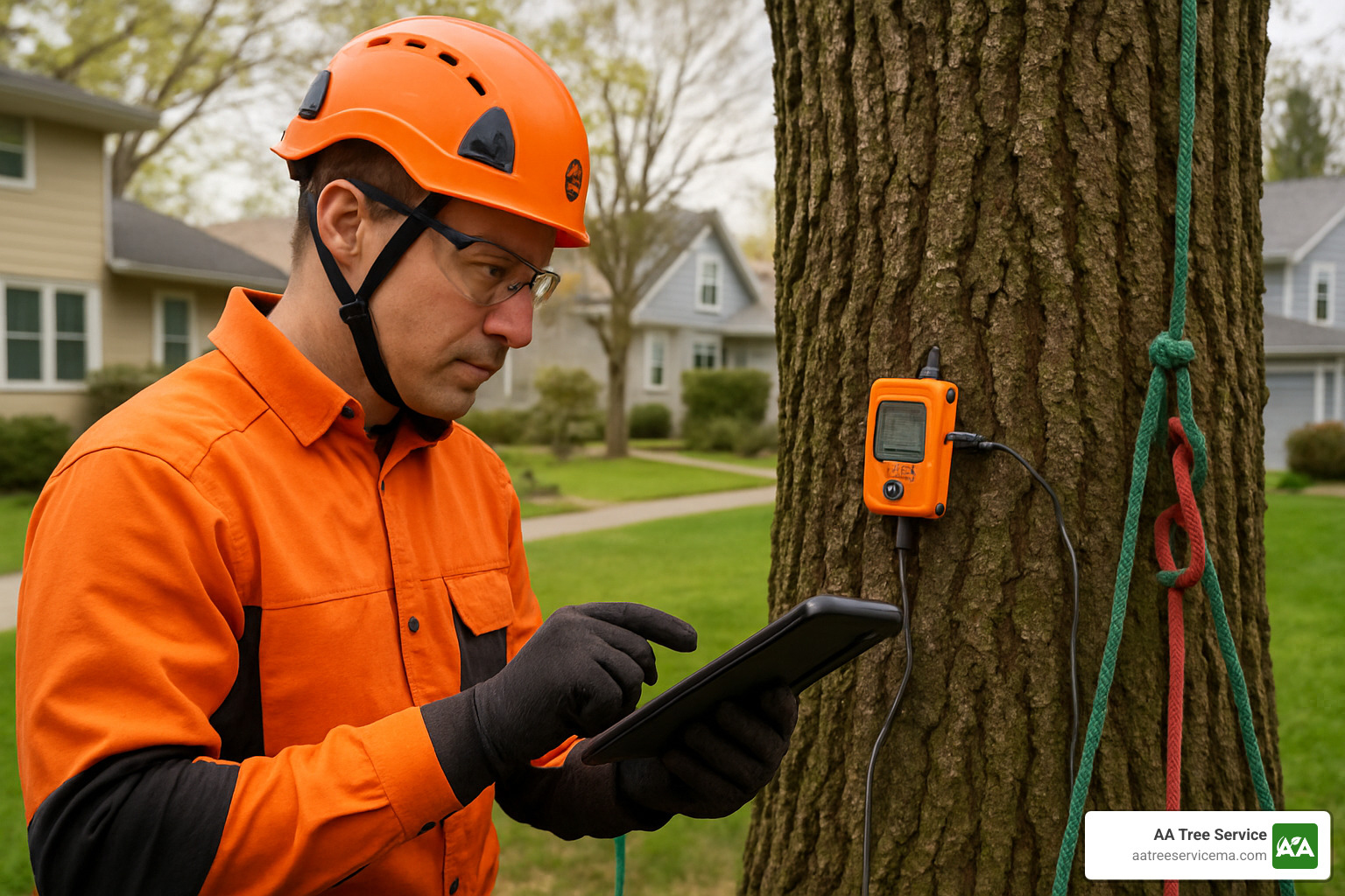 Certified arborist conducting detailed tree health assessment with professional equipment - Local tree service company
