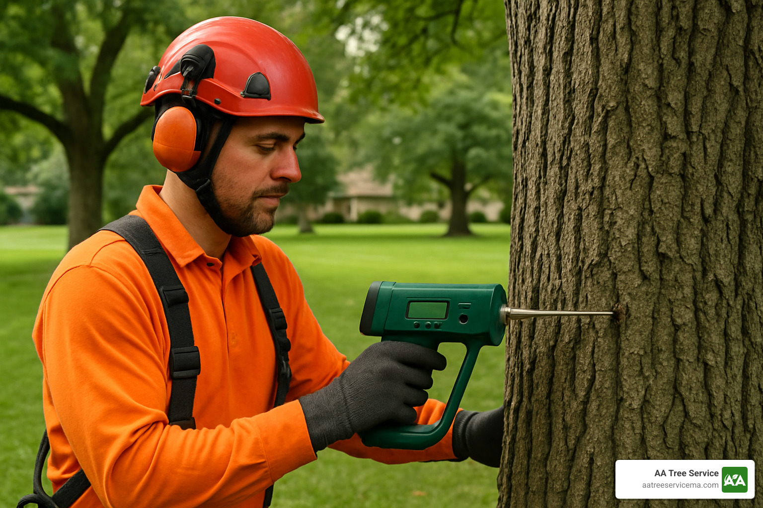 Professional arborist using specialized equipment for tree assessment and care - Local tree service company