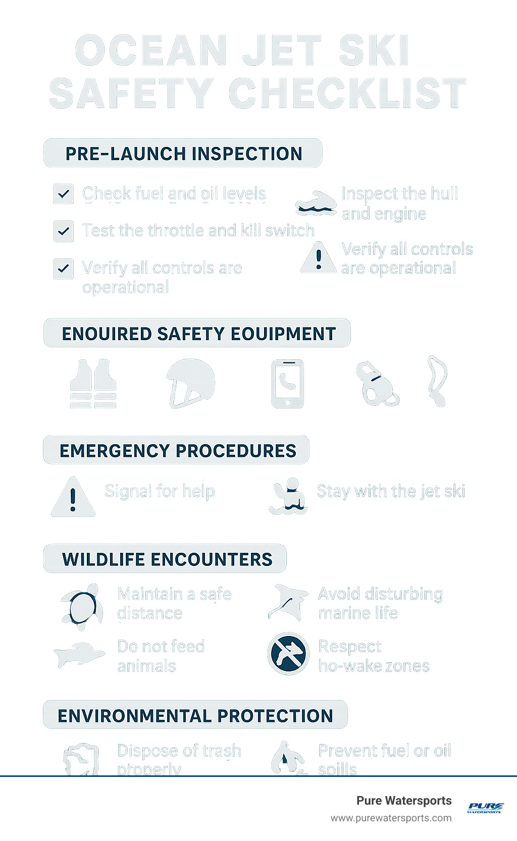 Ocean jet ski safety checklist infographic showing pre-launch inspection items, required safety equipment, emergency procedures, wildlife encounter protocols, and environmental protection guidelines - ocean jet ski rentals infographic 