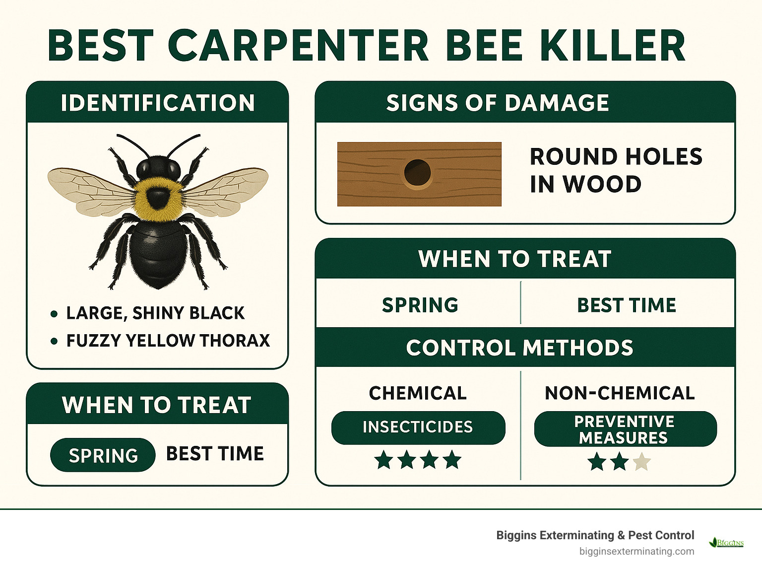 Comprehensive infographic showing carpenter bee identification features, damage signs, treatment timing chart, and comparison of chemical vs non-chemical control methods with effectiveness ratings - best carpenter bee killer infographic