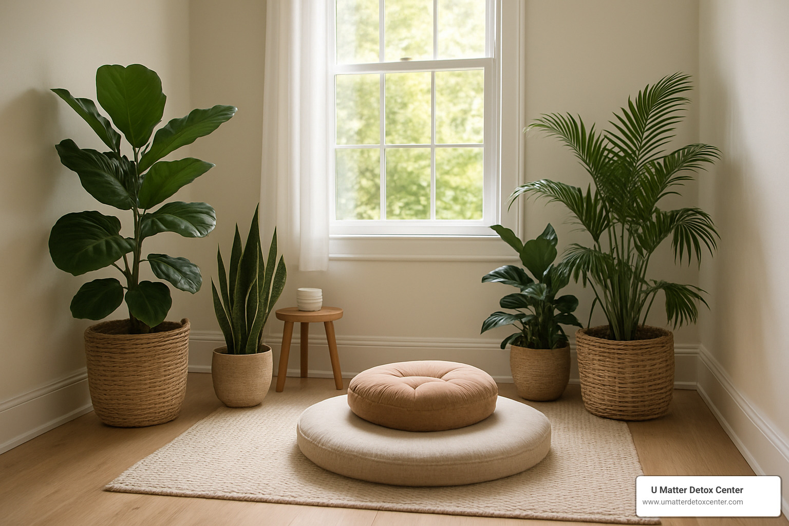 home meditation corner with cushions, plants, and natural lighting - holistic detox retreat