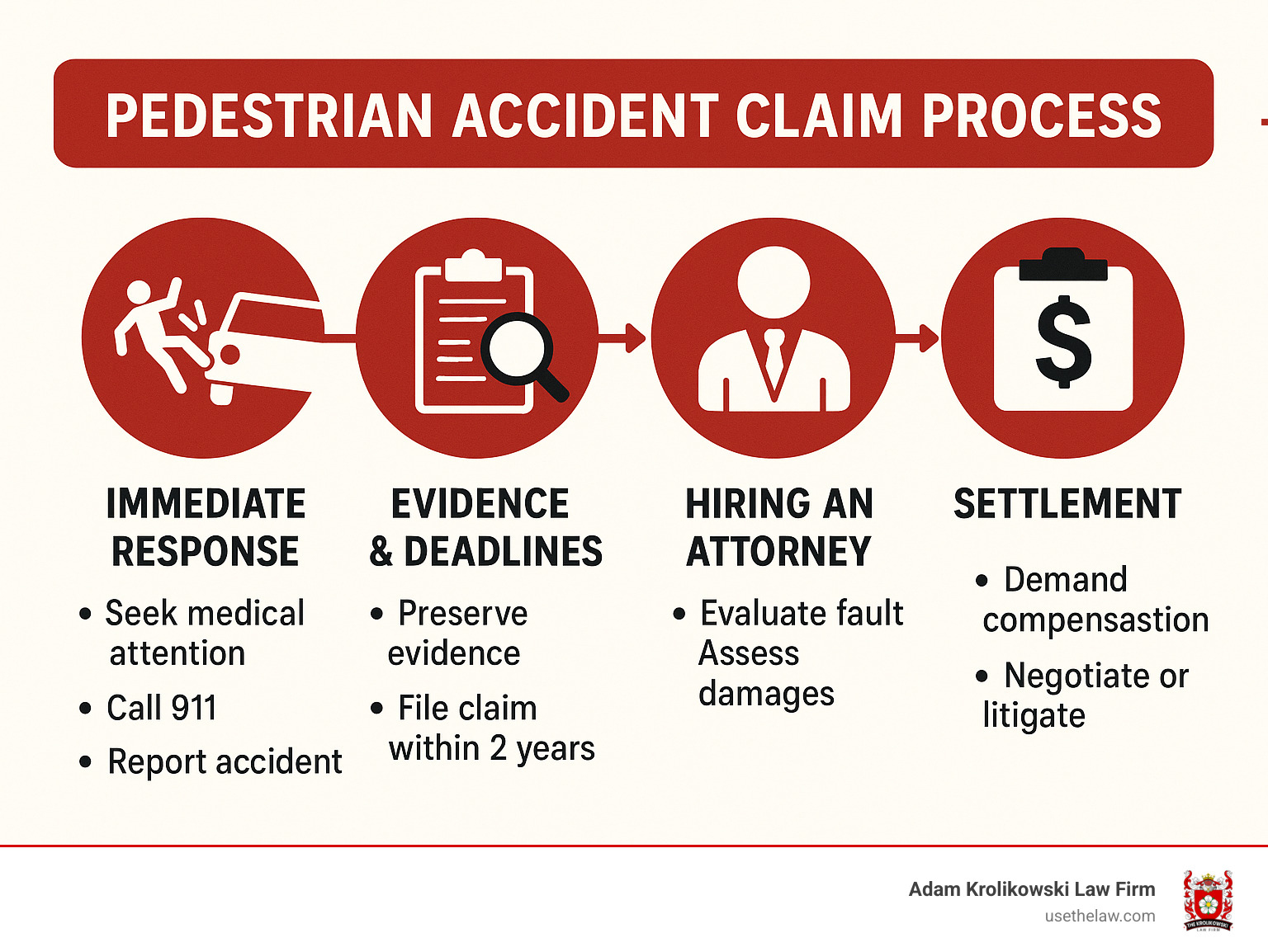 Infographic summarizing the pedestrian accident claim journey from immediate response through settlement, showing key deadlines and decision points - lawyer for pedestrian hit by car infographic 