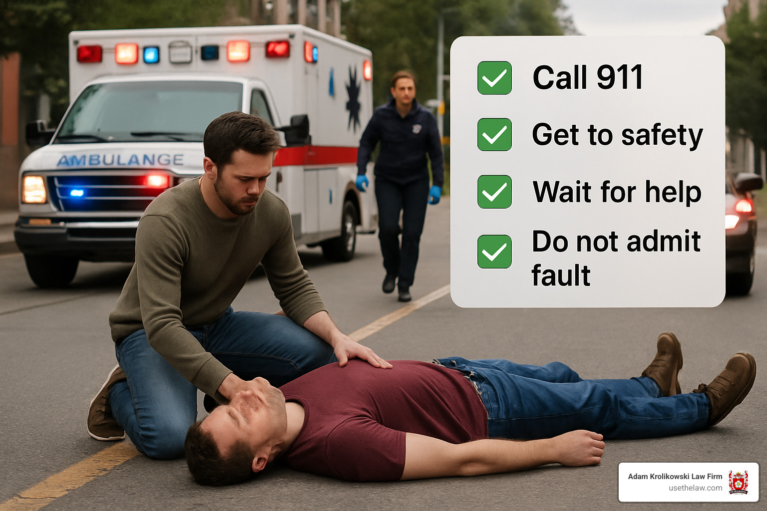 Accident scene checklist showing emergency response steps - lawyer for pedestrian hit by car