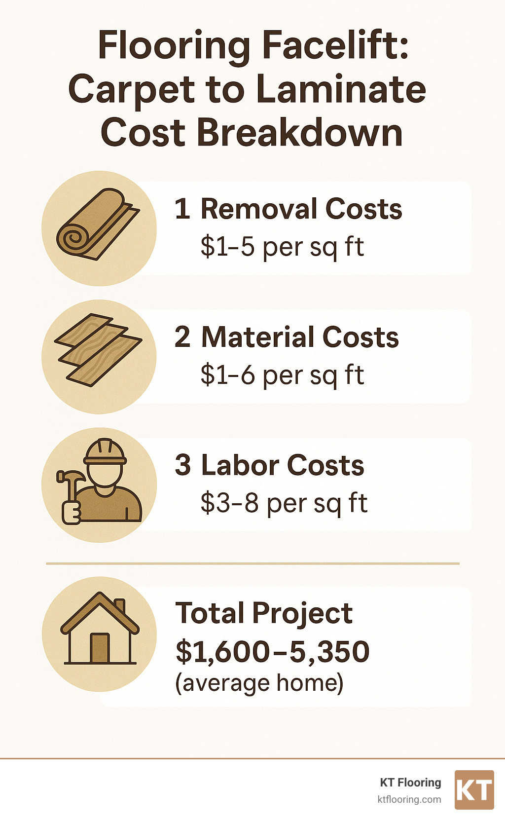 Infographic showing step-by-step cost breakdown for changing carpet to laminate flooring, including removal costs $1-5 per sq ft, material costs $1-6 per sq ft, labor costs $3-8 per sq ft, and total project ranges from $1,600-5,350 for average homes - changing carpet to laminate cost infographic Infographic showing step-by-step cost breakdown for changing carpet to laminate flooring, including removal costs $1-5 per sq ft, material costs $1-6 per sq ft, labor costs $3-8 per sq ft, and total project ranges from $1,600-5,350 for average homes - changing carpet to laminate cost infographic