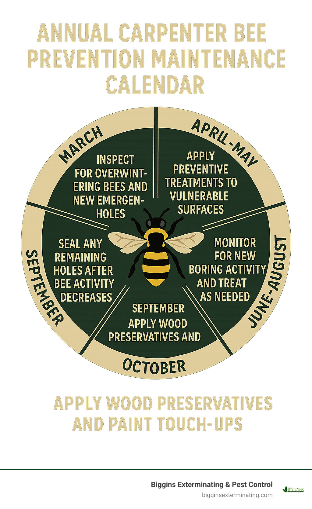 Annual carpenter bee prevention maintenance calendar showing optimal timing for inspection, treatment, and repair activities throughout the year - best carpenter bee killer infographic