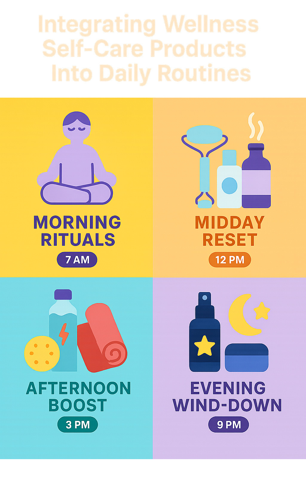 Daily wellness routine infographic showing morning rituals at 7am with meditation and skincare, midday reset at 12pm with stress relief tools, afternoon boost at 3pm with energizing products, and evening wind-down at 9pm with sleep aids and relaxation tools - wellness self-care products infographic 